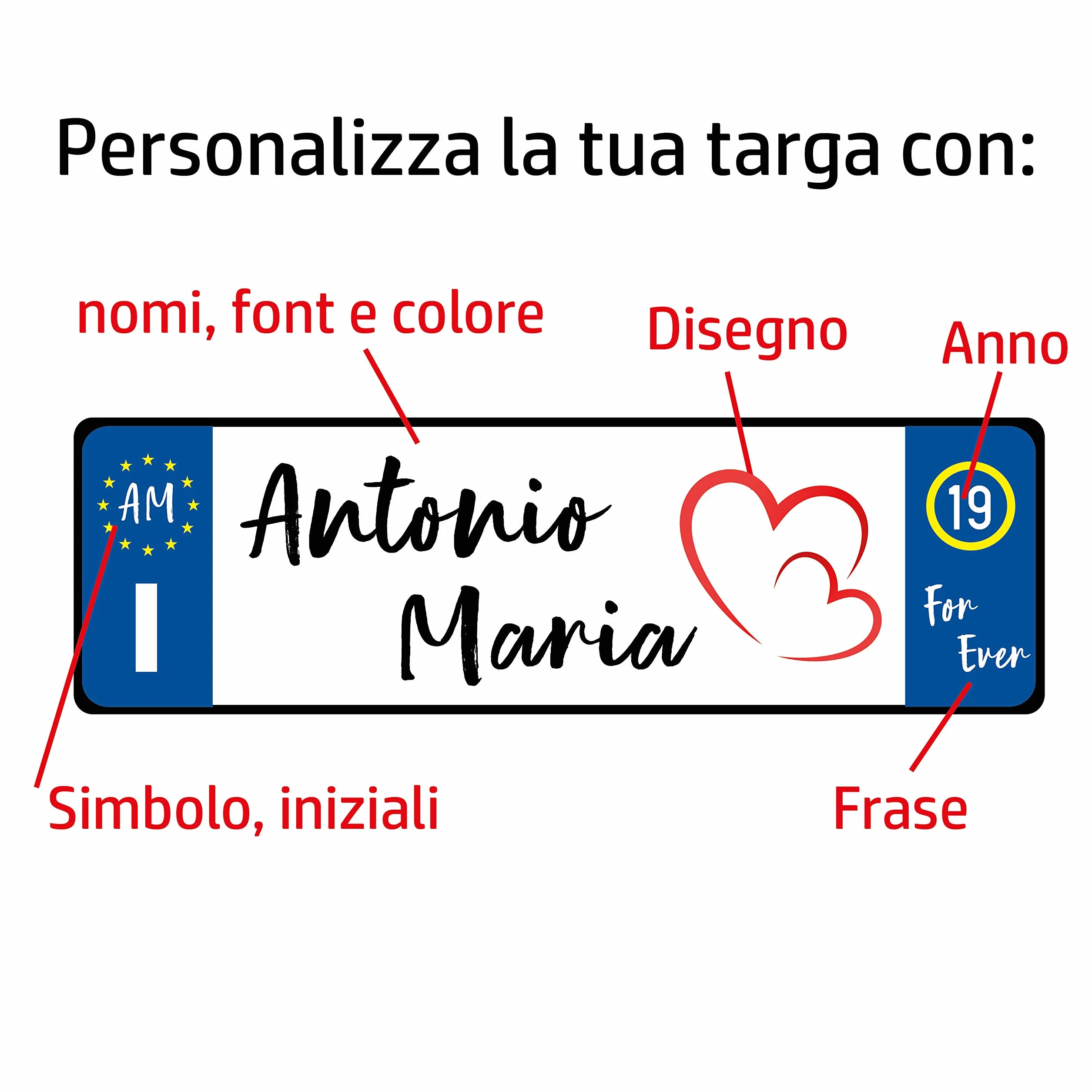 Targa auto personalizzata in alluminio 3 mm 36x11 cm con fissaggio a scelta biadesivo, Fixer o ventose