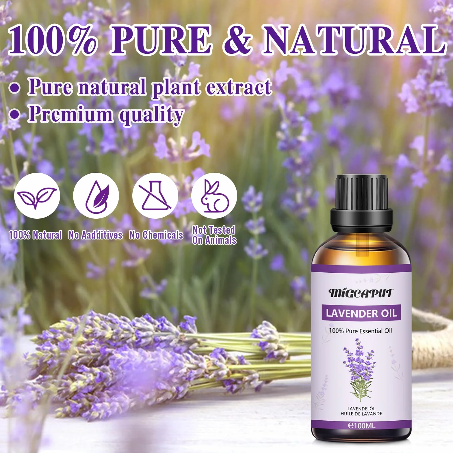Olio Essenziale di Lavanda 100ML, Naturale Terapeutico per Aromaterapia Diffusori Massaggi