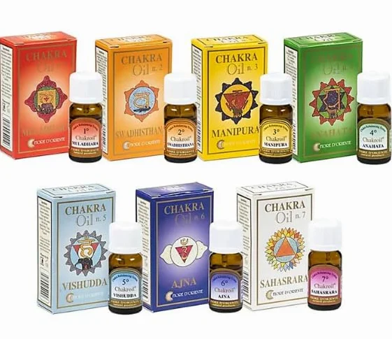 FIORE D'ORIENTE Set 7 Oli Essenziali dei Chakra, 10 ml, con Olio di Jojoba Spremuto a Freddo, Ingredienti 100% Naturali, per Aromaterapia