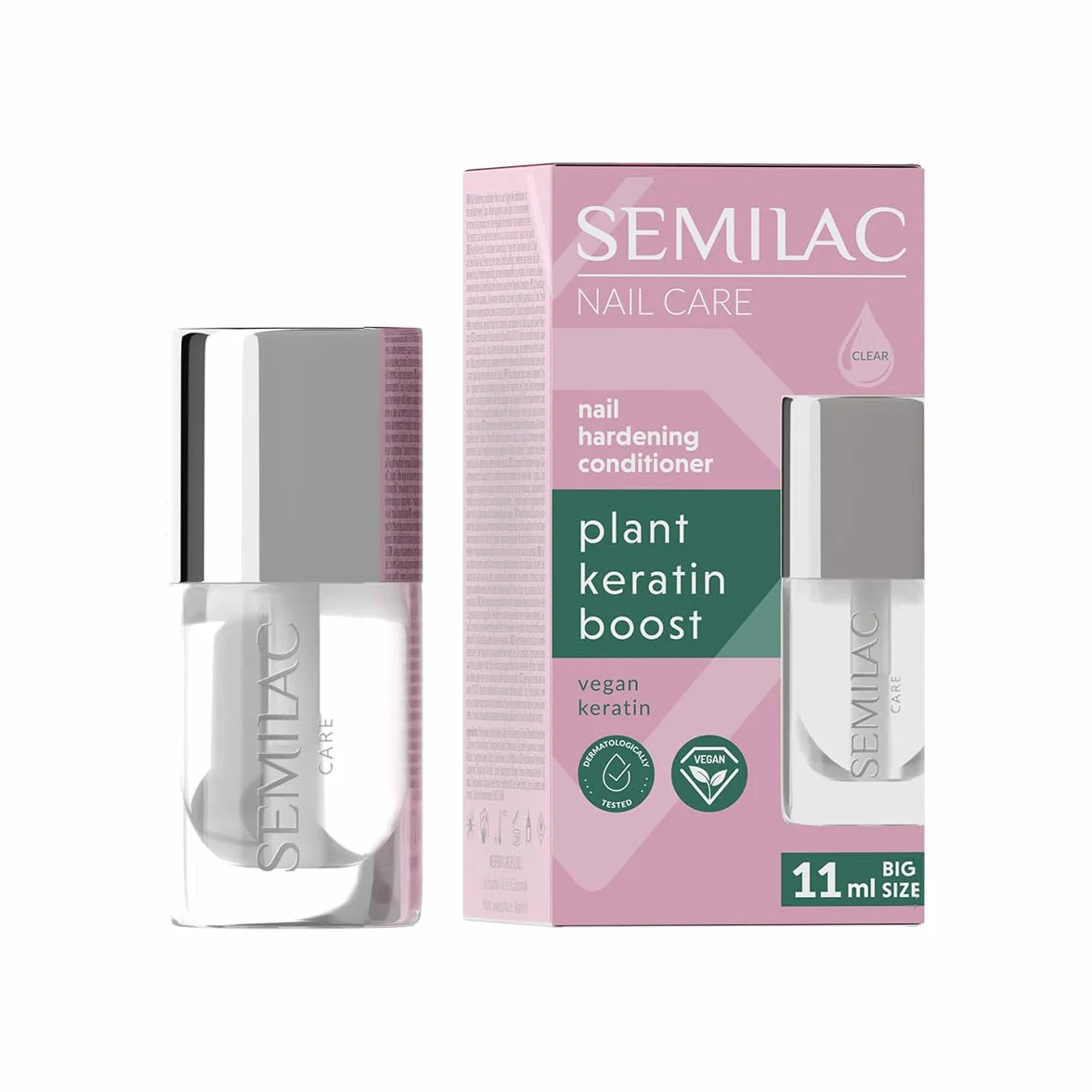 Semilac Plant Keratin Boost Balsamo per unghie 11 ml – Cura & Base Coat per unghie fragili, con cheratina vegana, rinforza e rigenera