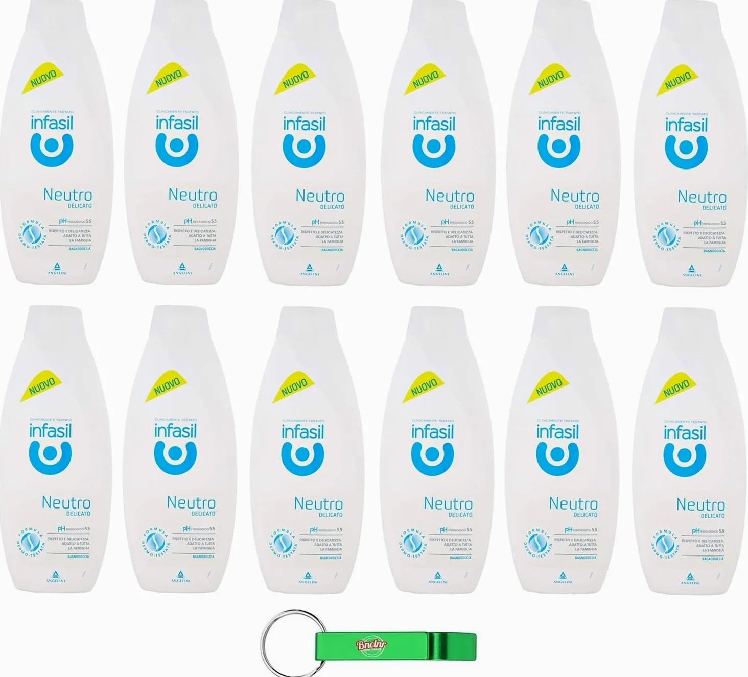12x Infasil Bagnodoccia Neutro Delicato, Clinicamente Testato e Delicato sulla Pelle, Bagnoschiuma 500ml + Portachiavi Beni Culinari in Omaggio