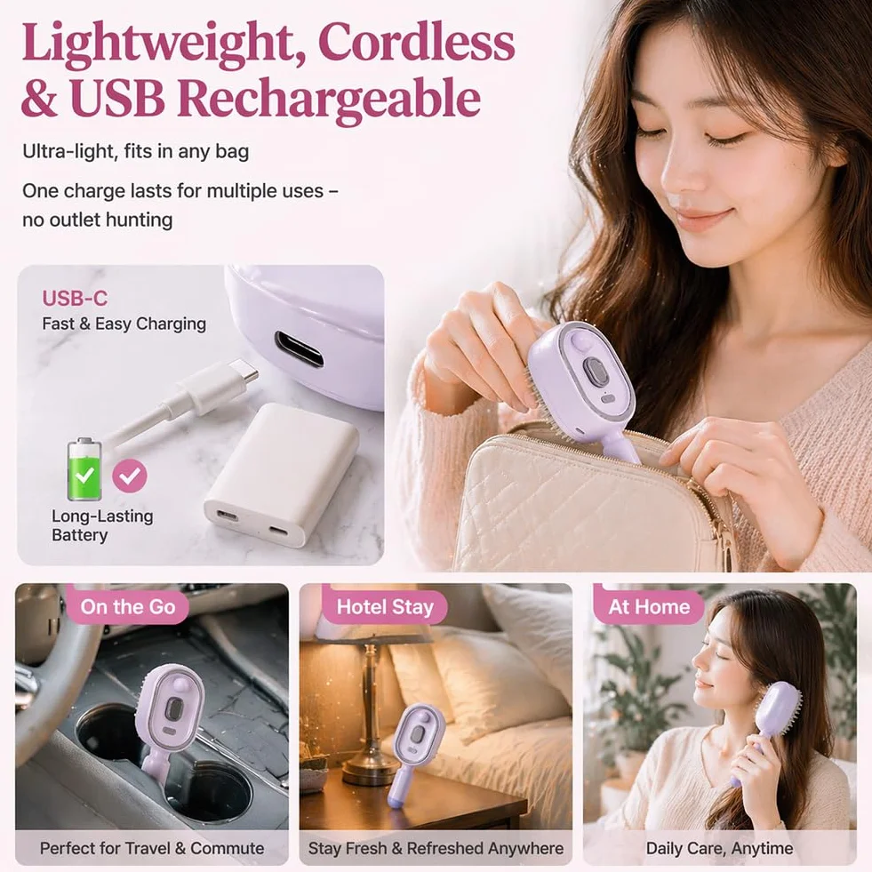 Pettine Elettrico a Nebulizzazione per Donne – Spazzola Ricaricabile a Nano-Nebbia, Districa e Combatte il Crespo, Capelli Secchi, Home Spa, Bianco Crema