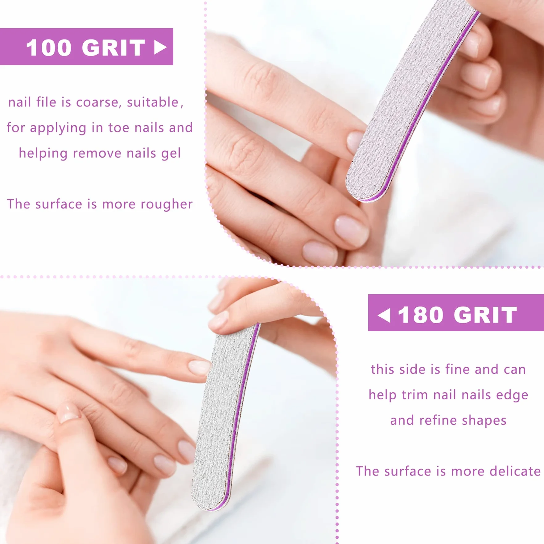 50 Lime per unghie professionali, lime per unghie 100 180, Lima Unghie Gel a Doppio lato per Manicure Nail Art, Carta vetrata Lima Unghie Colore Grigio - Nucleo Viola Forma Diritta