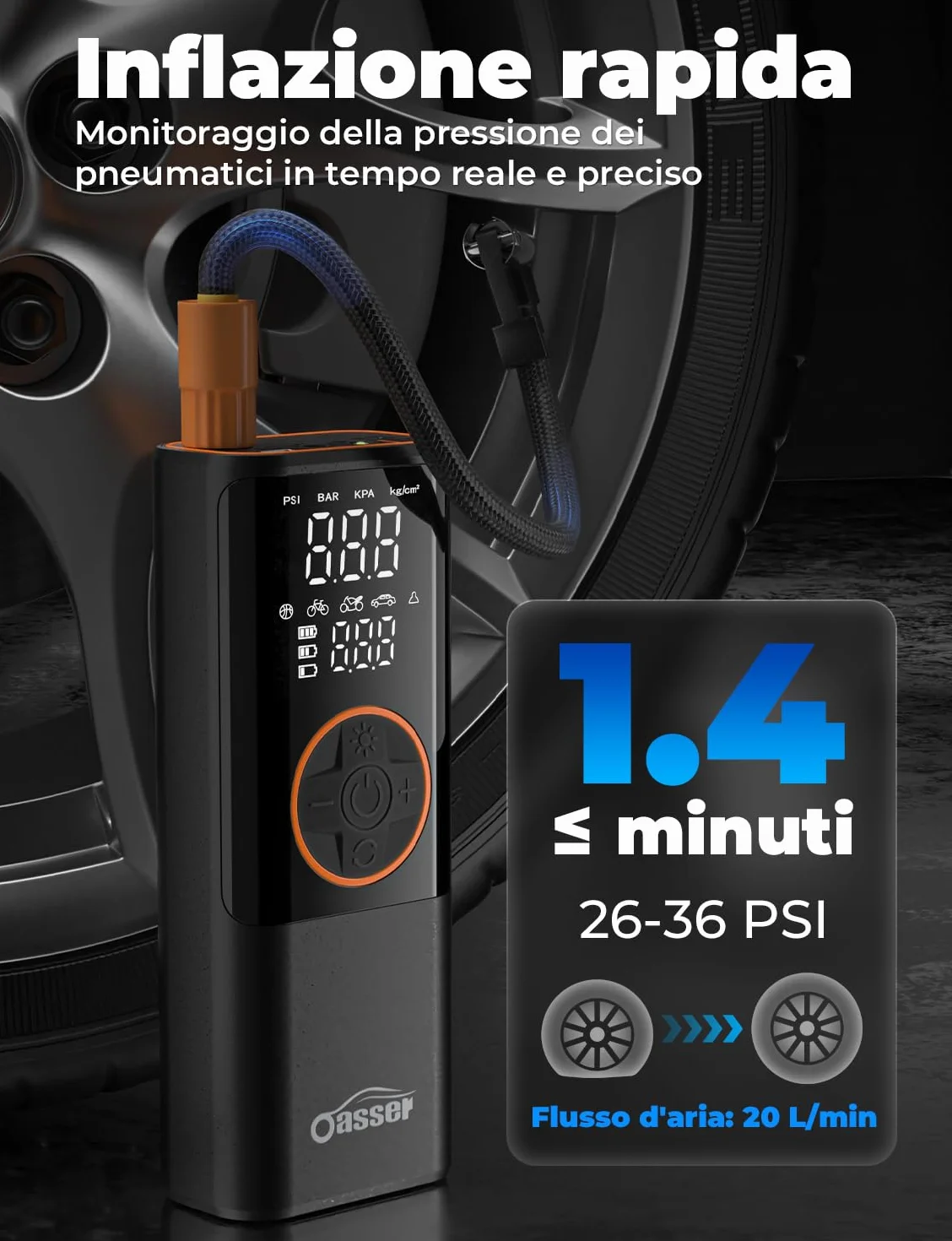 Oasser Compressore Aria Portatile 150PSI 6000mAh Doppio Schermo LCD Spegnimento Automatico Torcia LED