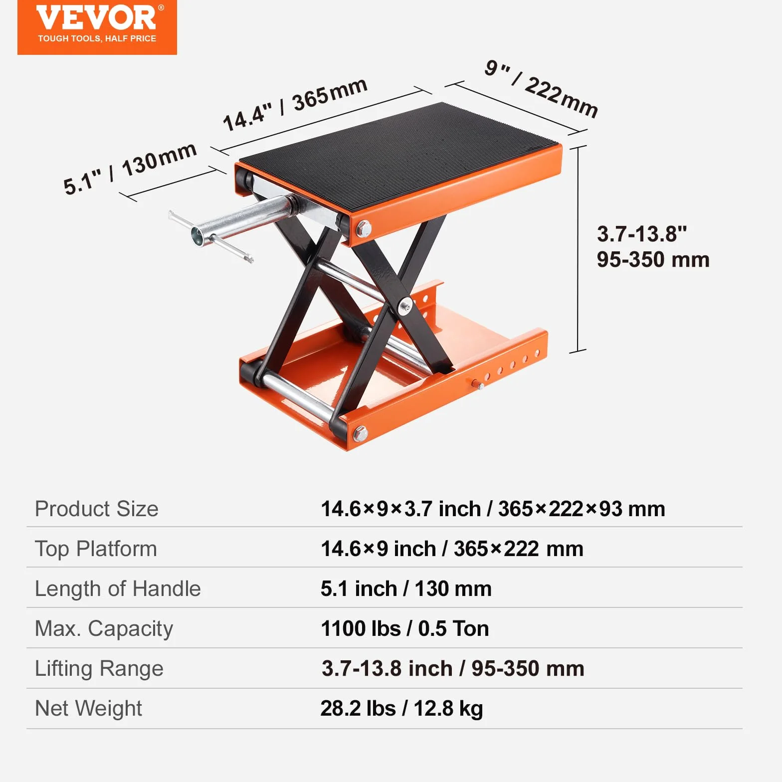 VEVOR Sollevatore Idraulico Moto da Officina 500kg Altezza Regolabile 9,5-35cm Piattaforma 36,5x22,2cm