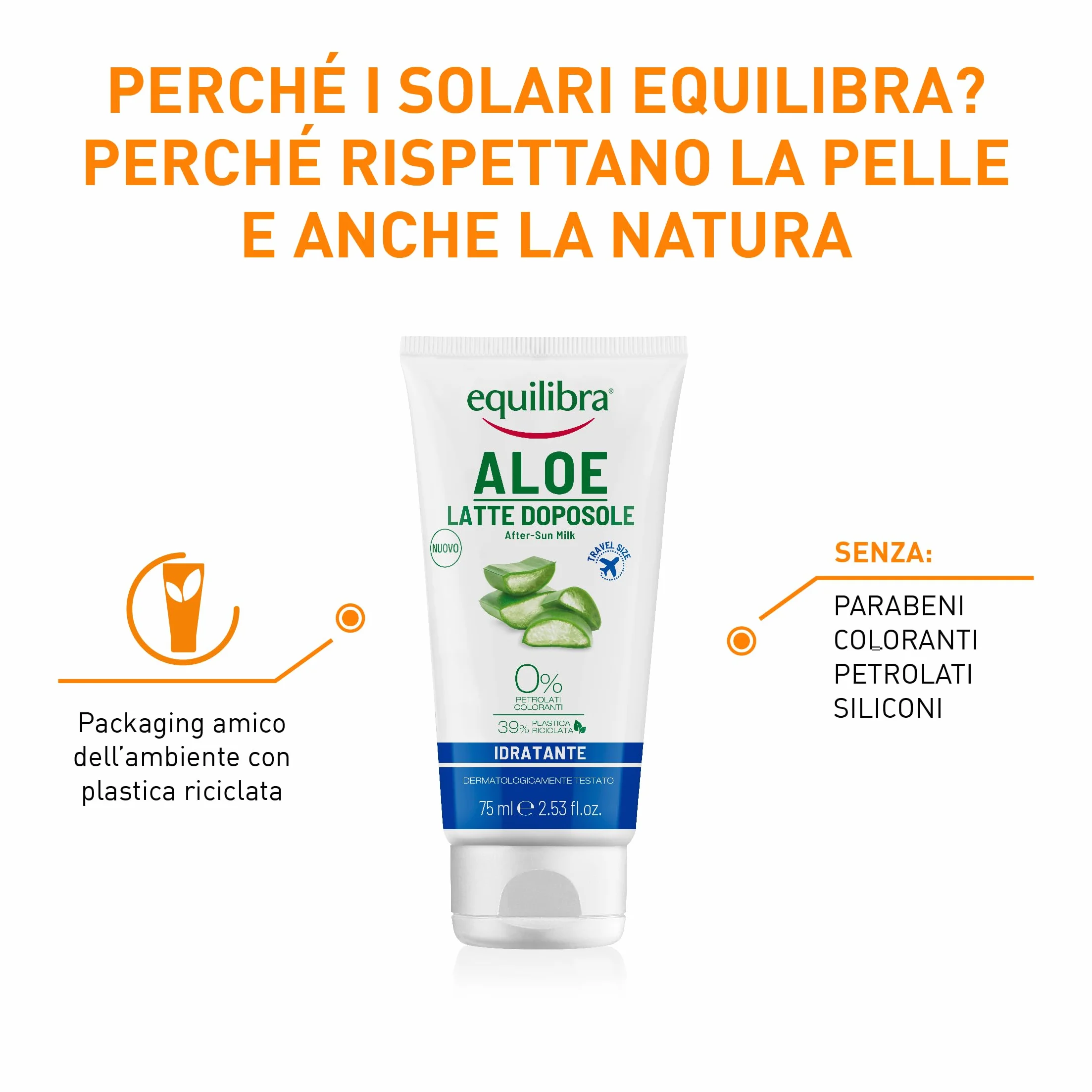 equilibra Solari, Aloe Latte Doposole Idratante Travel Size, a Base di Olio di Carota, Vitamina E, Aloe Vera equilibra (40%), Doposole Idratante che Rinfresca e Riequilibra la Pelle Arrossata, 75 ml