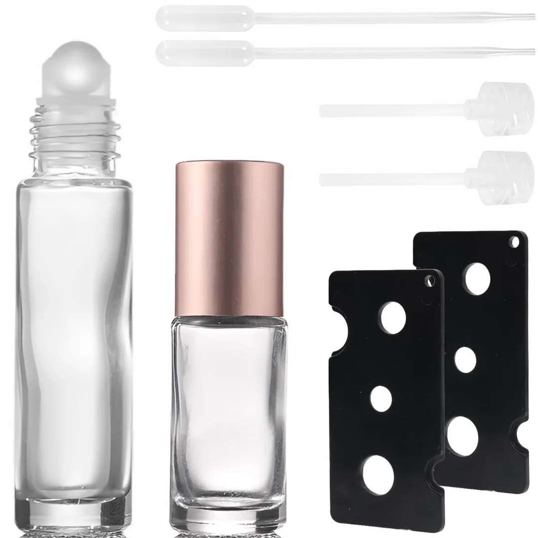 10ml/5ml Roll on Vuoto per Oli Essenziali, Bottiglie roll on con 2 Apriscatole, 2 Contagocce e 2 Erogatori a Pompa per Profumi, Oli Essenziali e Cosmetici