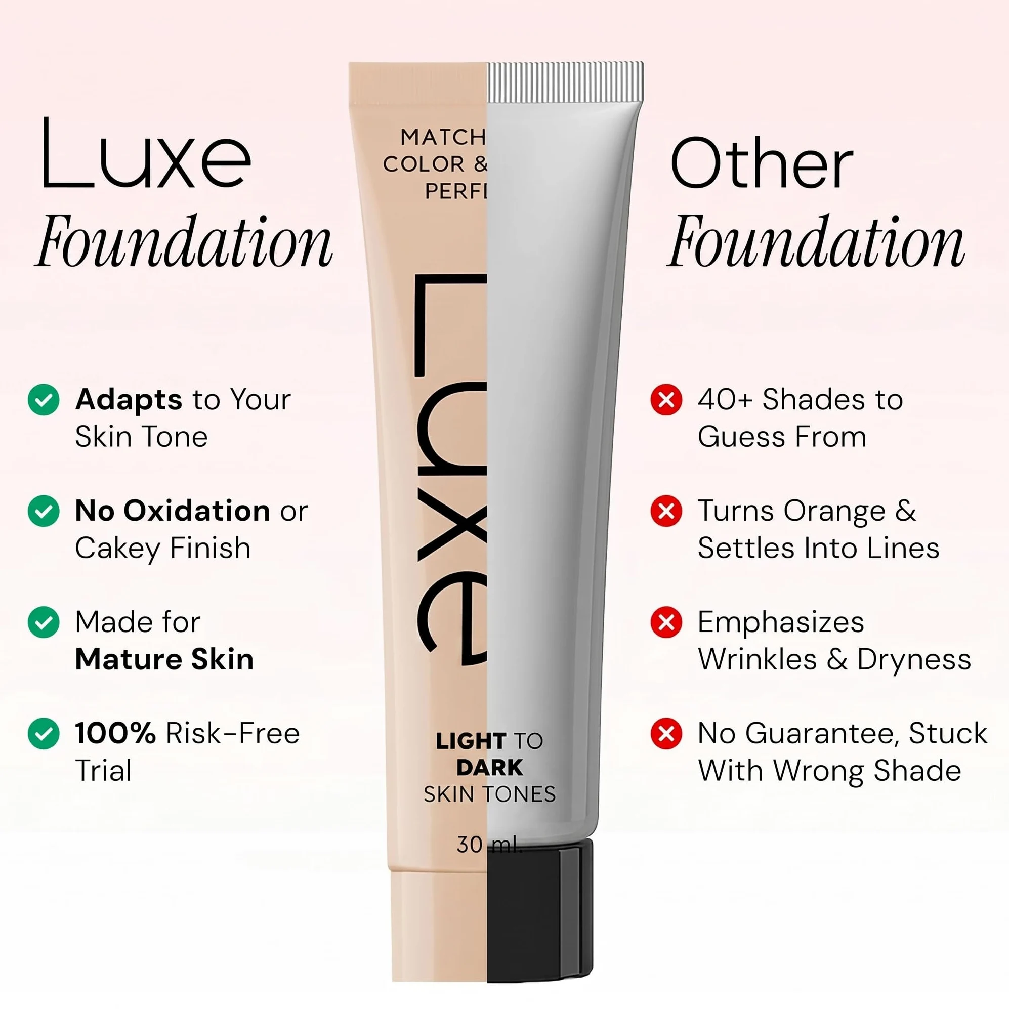 Luxe Research, fondotinta da donna che cambia colore, si adatta istantaneamente al tono della pelle, copertura da leggera a media, durata 12 ore, finitura rugiada naturale (media)