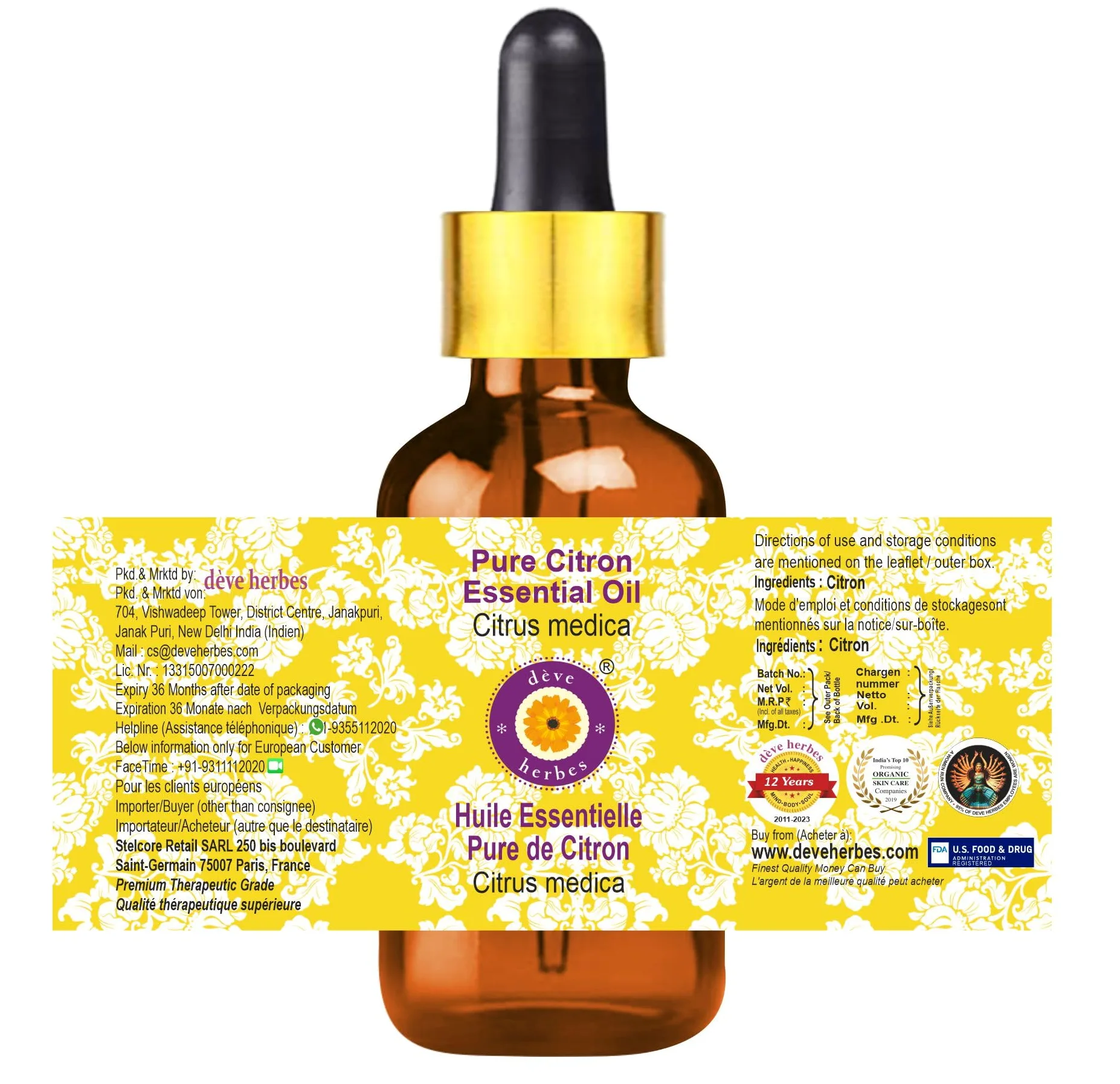 Deve Herbes Olio essenziale di citron puro (Cymbopogon nardus) con contagocce in vetro naturale di grado terapeutico distillato a vapore (confezione da due) 100 ml x 2 (191,6 g)