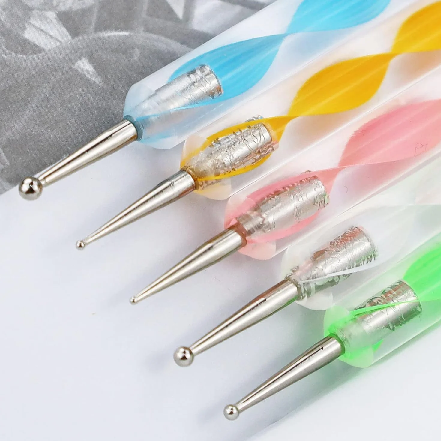 5 pezzi Dotting Pen, Pennelli Nail Art, nail art pens, doppia punta, con 1 pezzo di 5 g piccolo flacone rotondo, per nail art, fai da te, nail design, salone di bellezza, salone di manicure