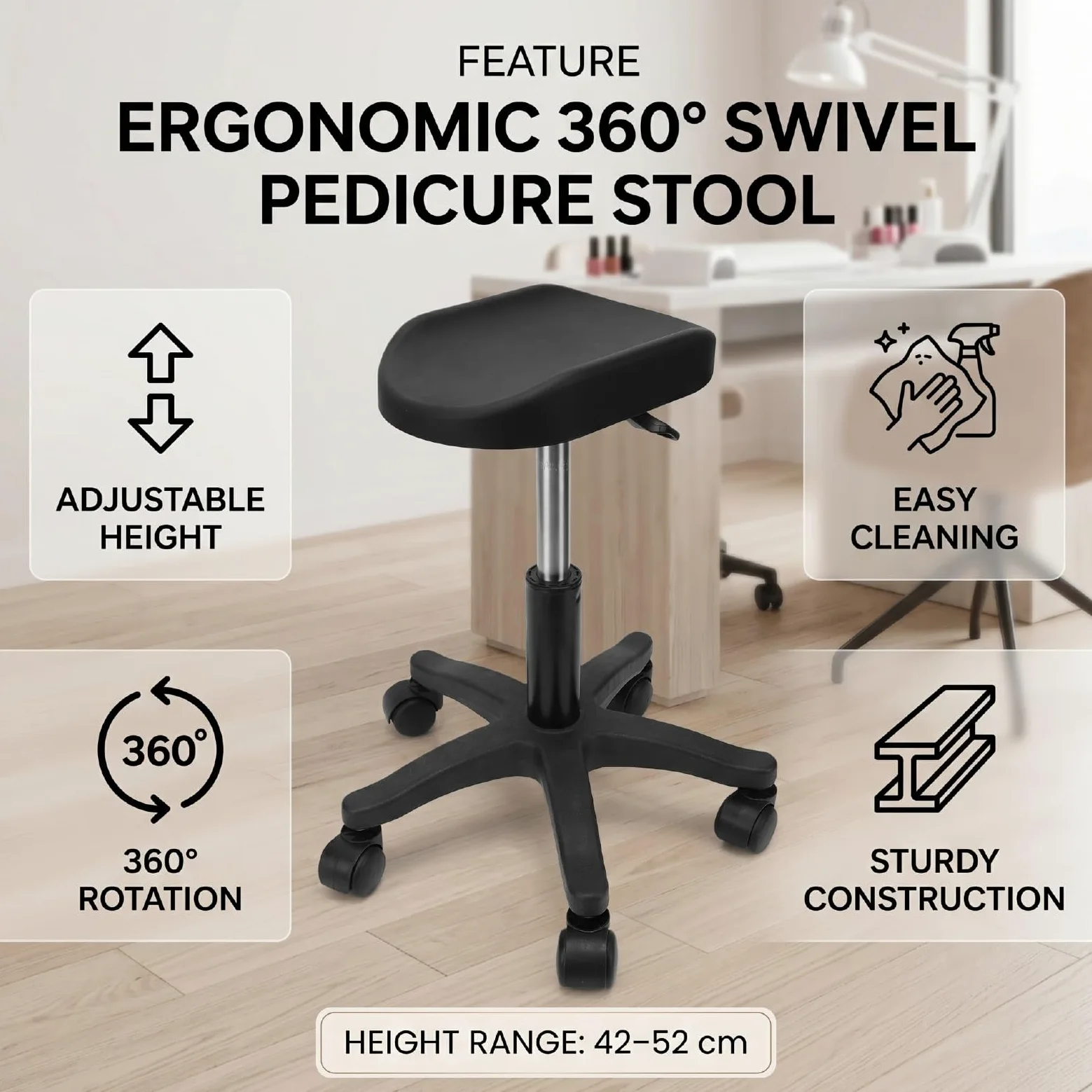 Brrnoo Sgabello per Pedicure con Rotelle Regolabile Sedia Girevole per Unghie a 360 Gradi Altezza 16,54-20,47 Pollici ABS in Acciaio Inossidabile per Uso Domestico in Salone