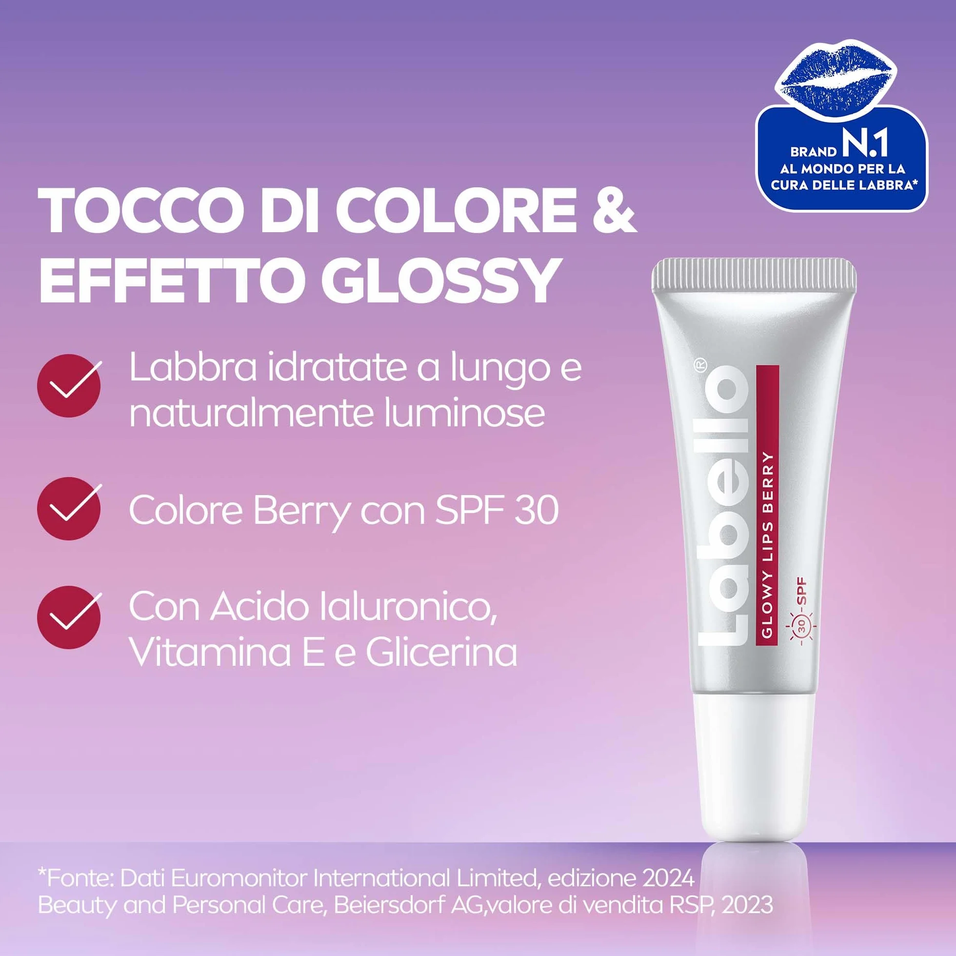 Labello Glowy Lips Berry SPF 30 10 ml Balsamo labbra colorato effetto lip gloss intenso Acido Ialuronico Vitamina E Glicerina