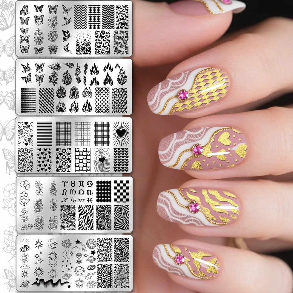 PH PandaHall 5pcs Farfalle Fiamme Nail Stamping Piastre Cuori Fiori Nail Art Modelli Zodiaco Manicure Art Stencil Sole Luna Stella Unghie Design Timbro per Donne Manicure Salone Stampa fai da te