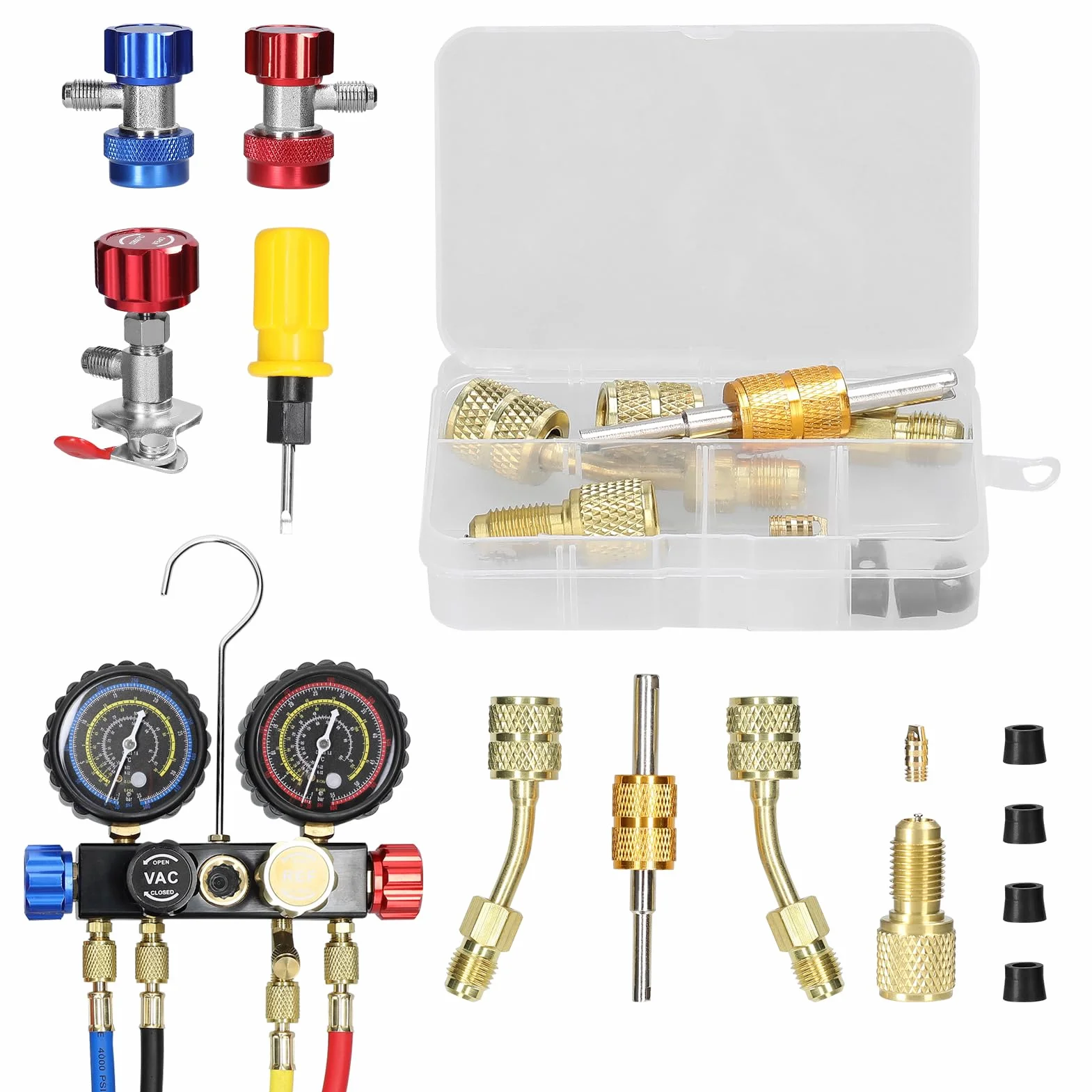 Weytoll Kit Ricarica Aria Condizionata Auto 1.5m Tubi Manometro Doppio Valore 4 Vie Refrigerante R22 R134a R410a