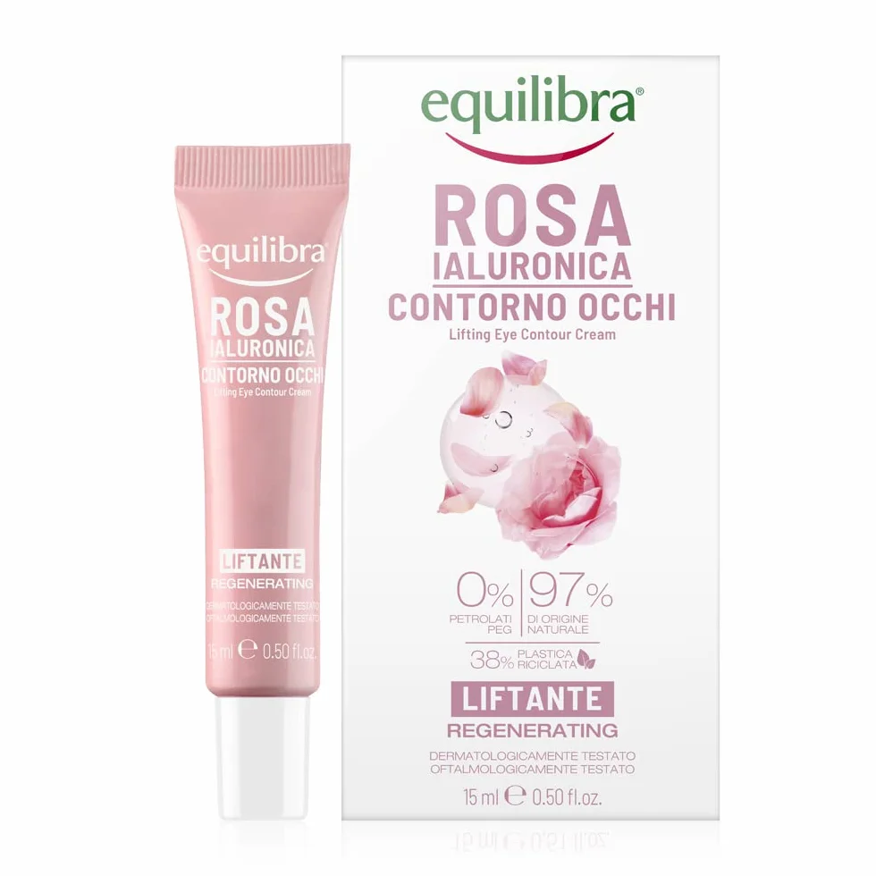 Equilibra Viso, Rosa Ialuronica Contorno Occhi Liftante, Siero Contorno Occhi a Base di Estratto di Rosa Damascena, Acido Ialuronico, Attivo da Semi di Sesamo e Microalghe, Effetto Lifting, 15 ml
