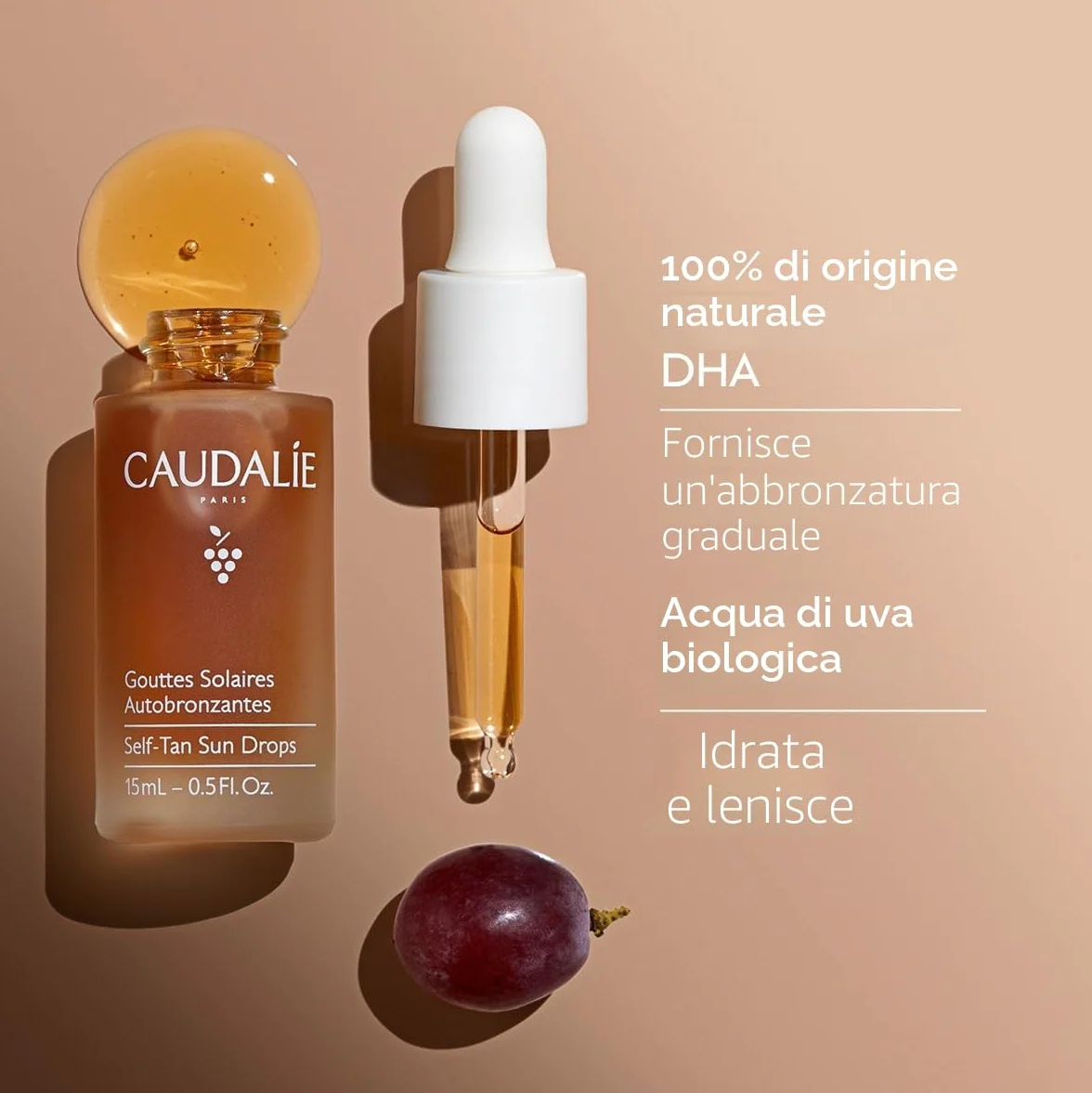 Caudalie Gocce Solari Autoabbronzanti 15 mL - Abbronzatura Graduale, Acqua d'Uva Bio, DHA Naturale, 99% Origine Naturale