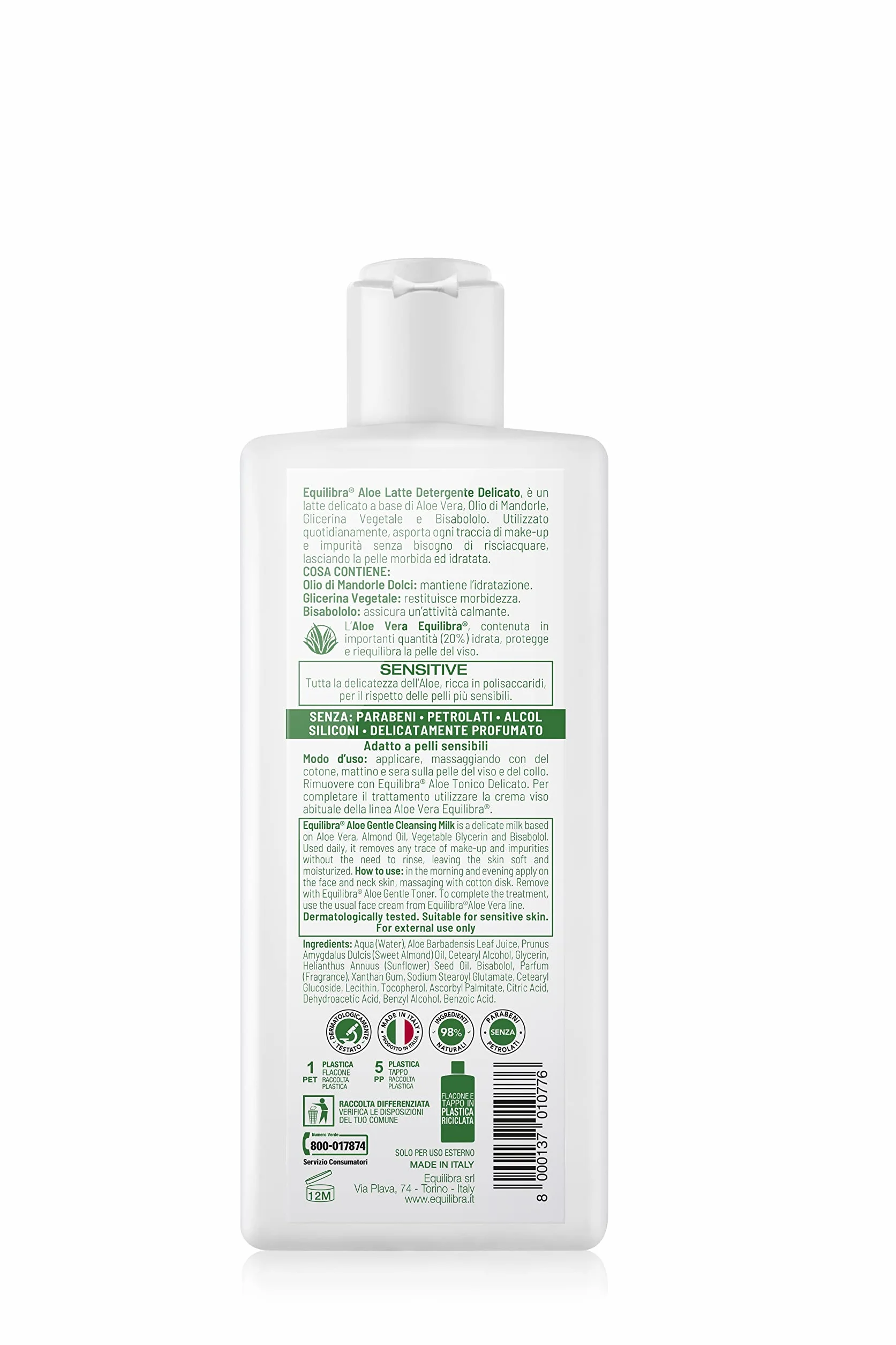 Equilibra Aloe Latte Detergente Viso Delicato Aloe Vera 200 ml Pelli Sensibili Struccante Idratante