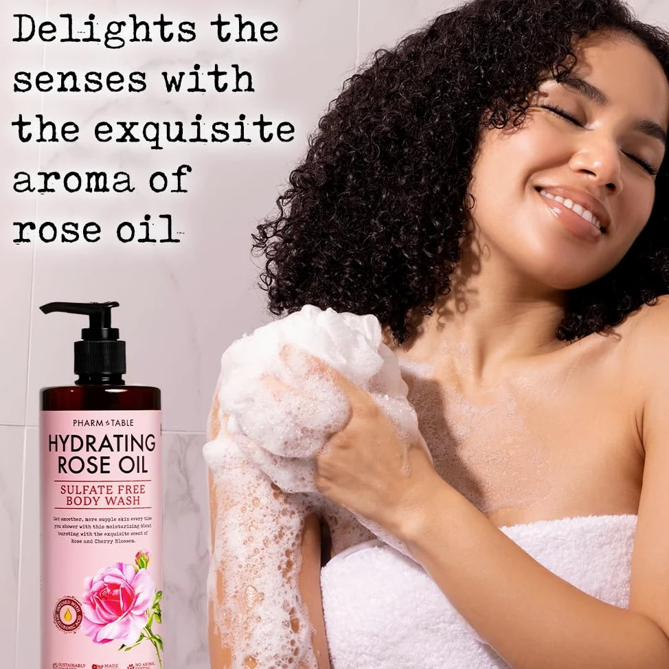PHARM TO TABLE Gel doccia idratante con olio di rosa, per donne e uomini: idrata e illumina la pelle, senza solfati, 100% cruelty free, 480 ml