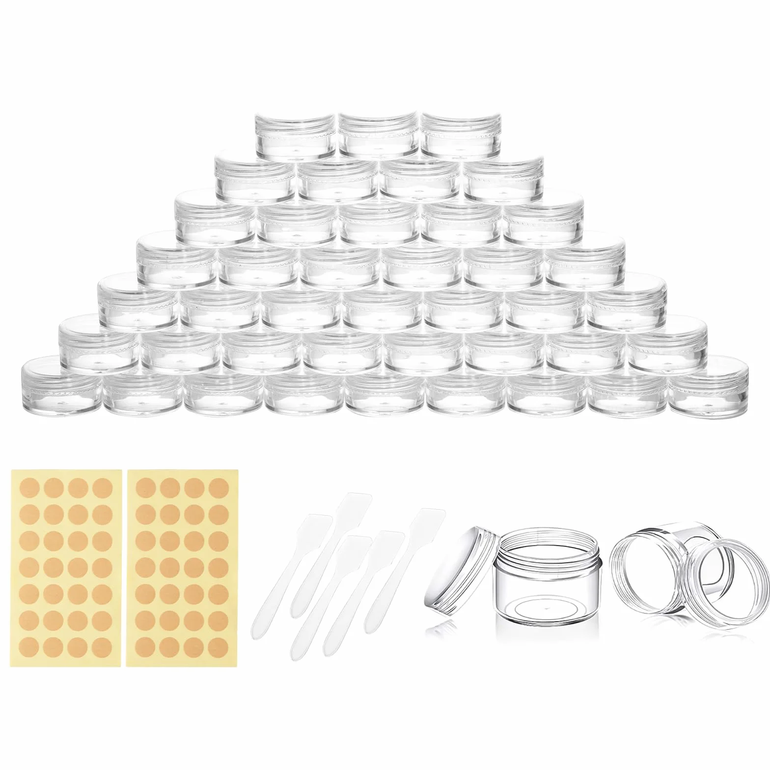 5ml Barattolini plastica piccoli con tappo, 42 pezzi Vasetti mini con etichette e spatola, mini contenitori trasparenti per creme da viaggio campioni cosmetici, crema per labbra, nail art
