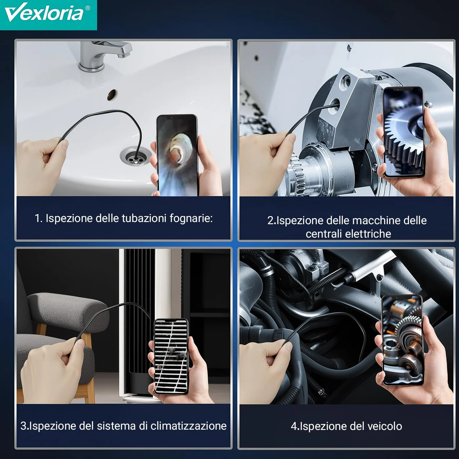 Endoscopio per Smartphone 1920P HD Doppia Lente IP68 Impermeabile con 8 LED Cavo Semirigido Compatibile iOS Android