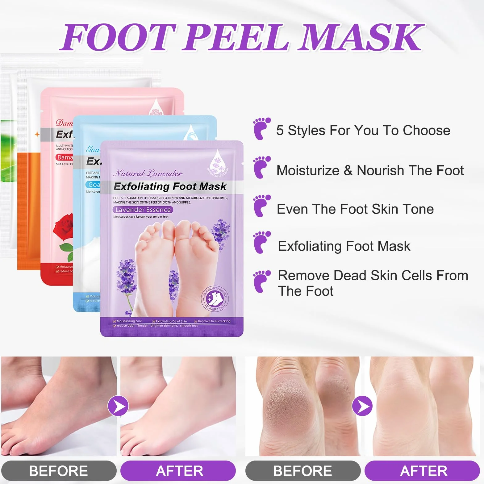 5 Paia Maschera Piedi Esfoliante, Calzini Idratanti per Piedi, Foot Peel Mask per Calli, Pelle Morta e Talloni Screpolati, Lavanda Latte di Capra Rosa Aloe Sbiancamento Foot Mask per Donne e Uomini