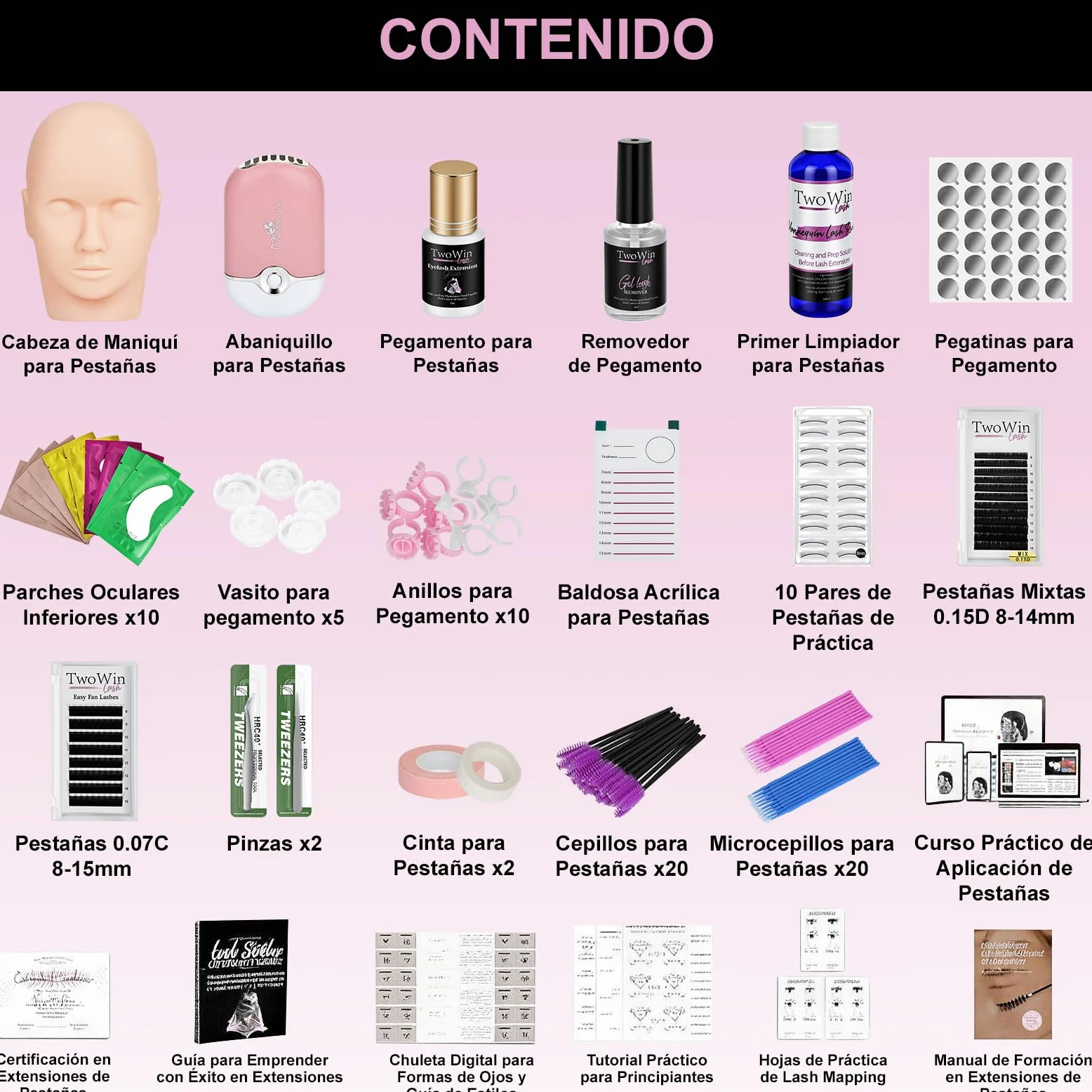 TwoWin Kit per Extension di Ciglia, Testa di Manichino Professionale | per Formazione e Pratica di Extension di Ciglia per Principianti, Forniture per Estetiste e Cosmetologia
