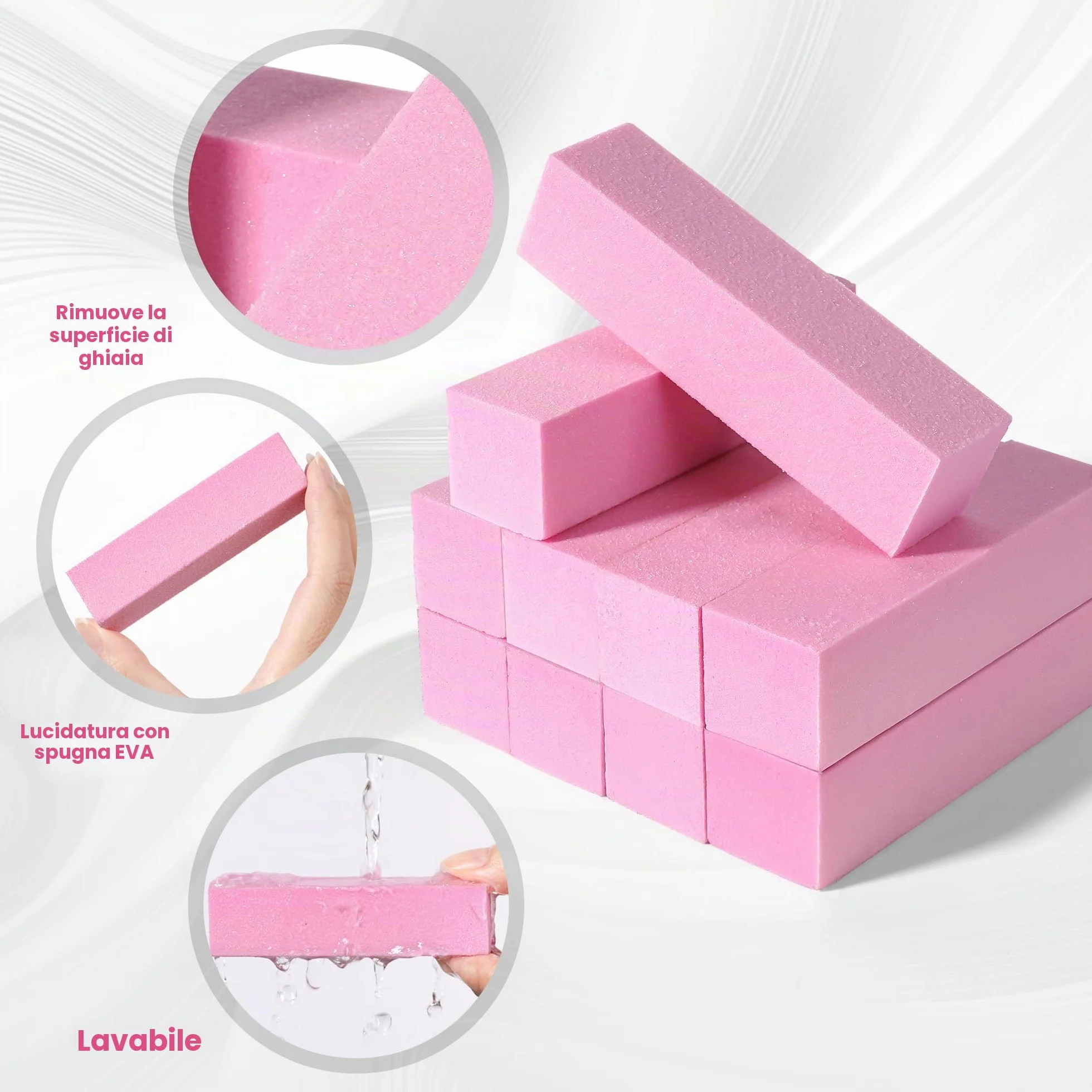 Set 10 blocchi leviganti unghie professionali 4 lati lavabili rosa