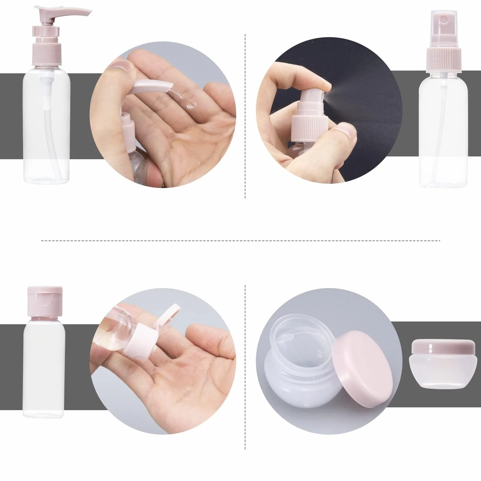 Carehabi Set di 11 kit viaggio liquidi 30/50/60/80 ml, flacone spray trasparente, erogatore pompa shampoo, accessori viaggio per prodotti bagno