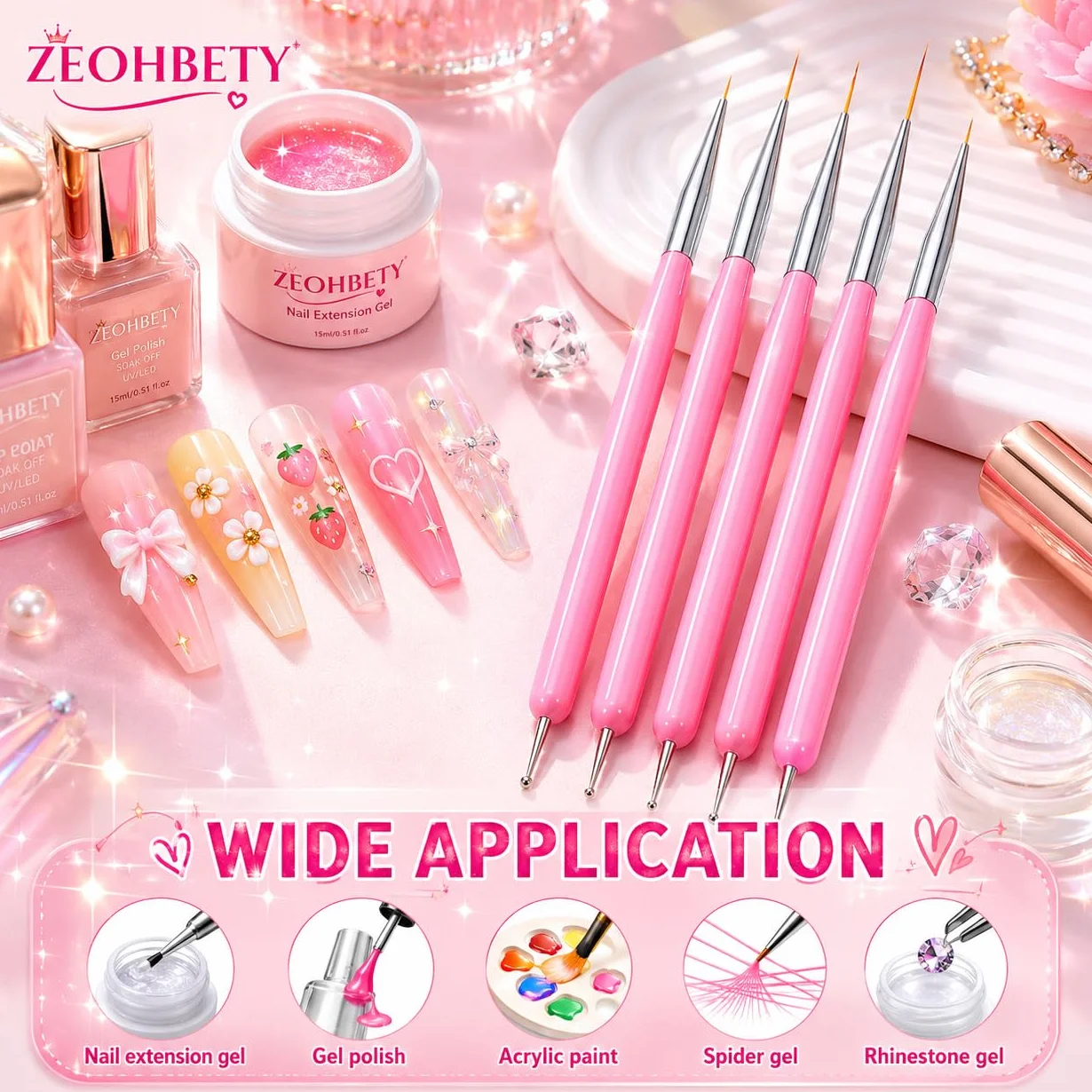 Pennelli per nail art, 5 pennelli per nail art, strumenti per punteggiare, set di pennelli per disegno artistico per linee lunghe, dettagli sottili, dimensioni 7/9/11/15/22 mm, rosa