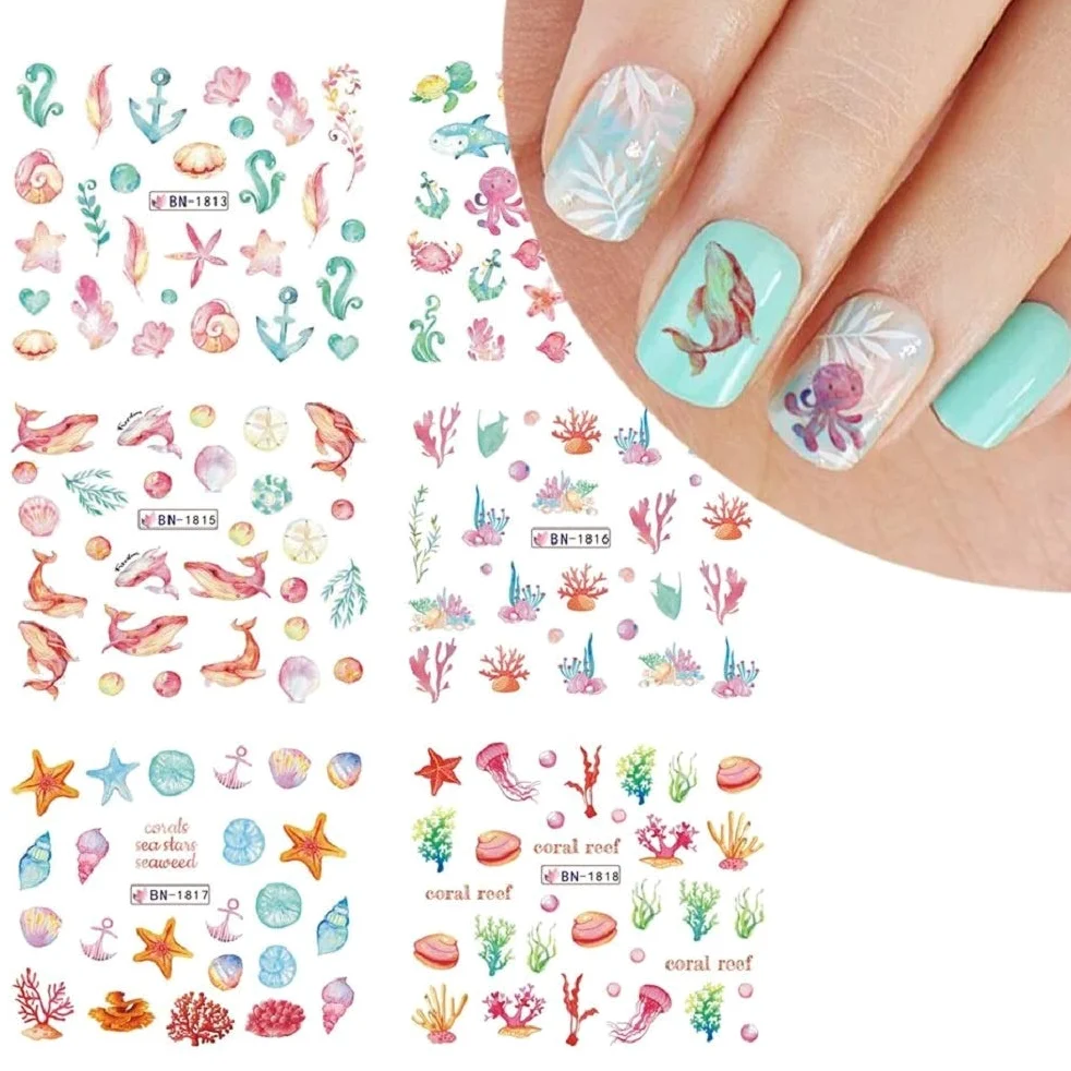 12pcs Ocean Animal Summer Nail Water Decalcomanie Starfish Coral Reef Seaweed Sticker Sea Life Nails Art Transfer Slider