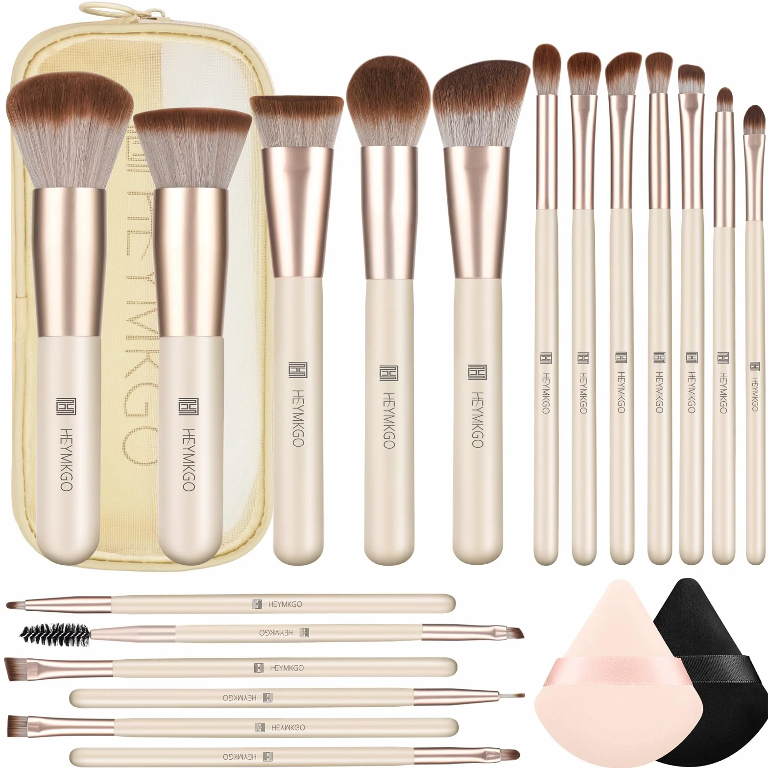 Pennelli Make Up HEYMKGO 18 pezzi pennelli per il trucco professionale con 2 soffietti per la polvere e borsa da viaggio, pennello sintetico premium per il fondotinta pennello per il viso e ombretto