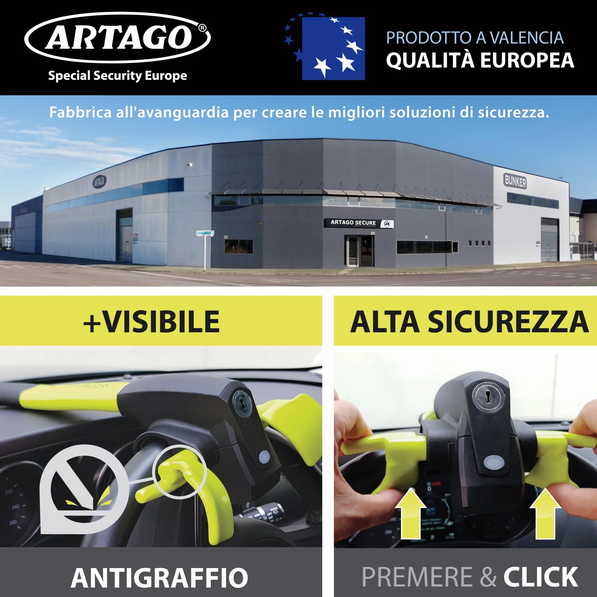 ARTAGO 870 Antifurto Auto Alta Gamma, Blocca Sterzo 2en1, Allarme Intelligente 120dB LED Notte, Bloccasterzo Meccanico Sonoro