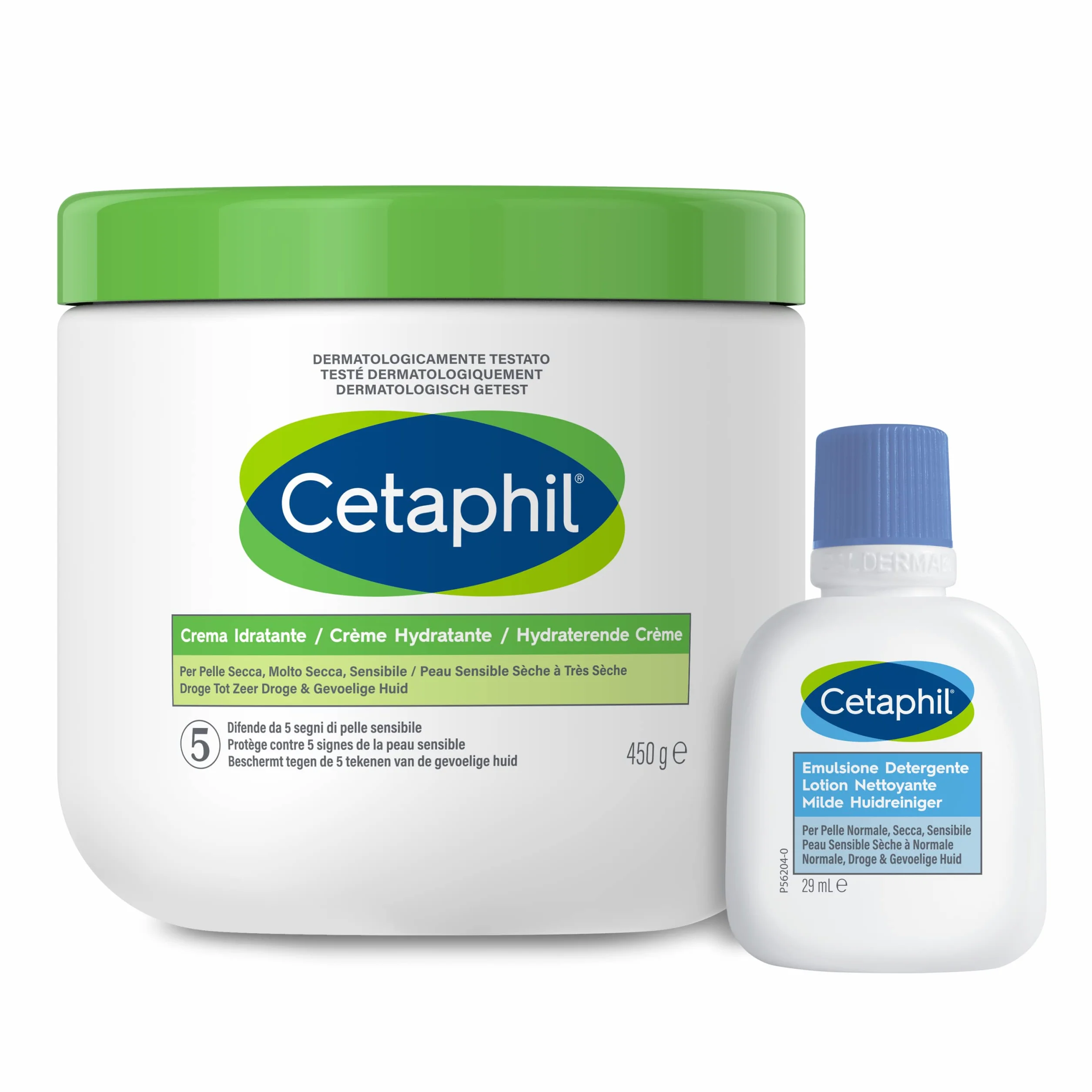 Cetaphil Crema Idratante Viso e Corpo, Senza Profumo, Formato 450g + Emulsione Detergente Viso e Corpo, Senza Profumo, Formato Viaggio 29 ml