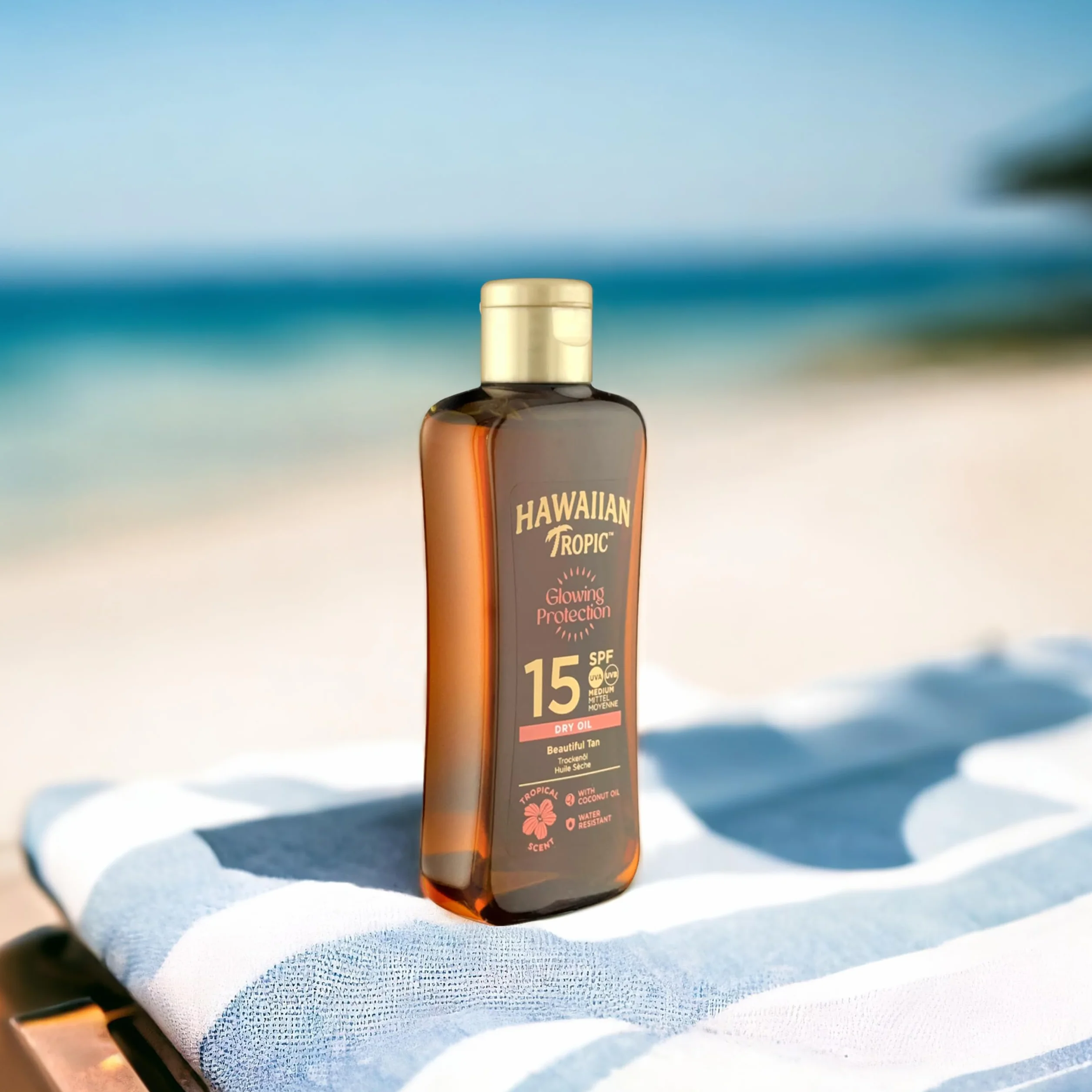 Hawaiian Tropic | Glowing Protection Olio Secco SPF 15, Formato da Viaggio, Profumazione Tropicale, con Burro di Karité, Resistente all'Acqua, Vegano
