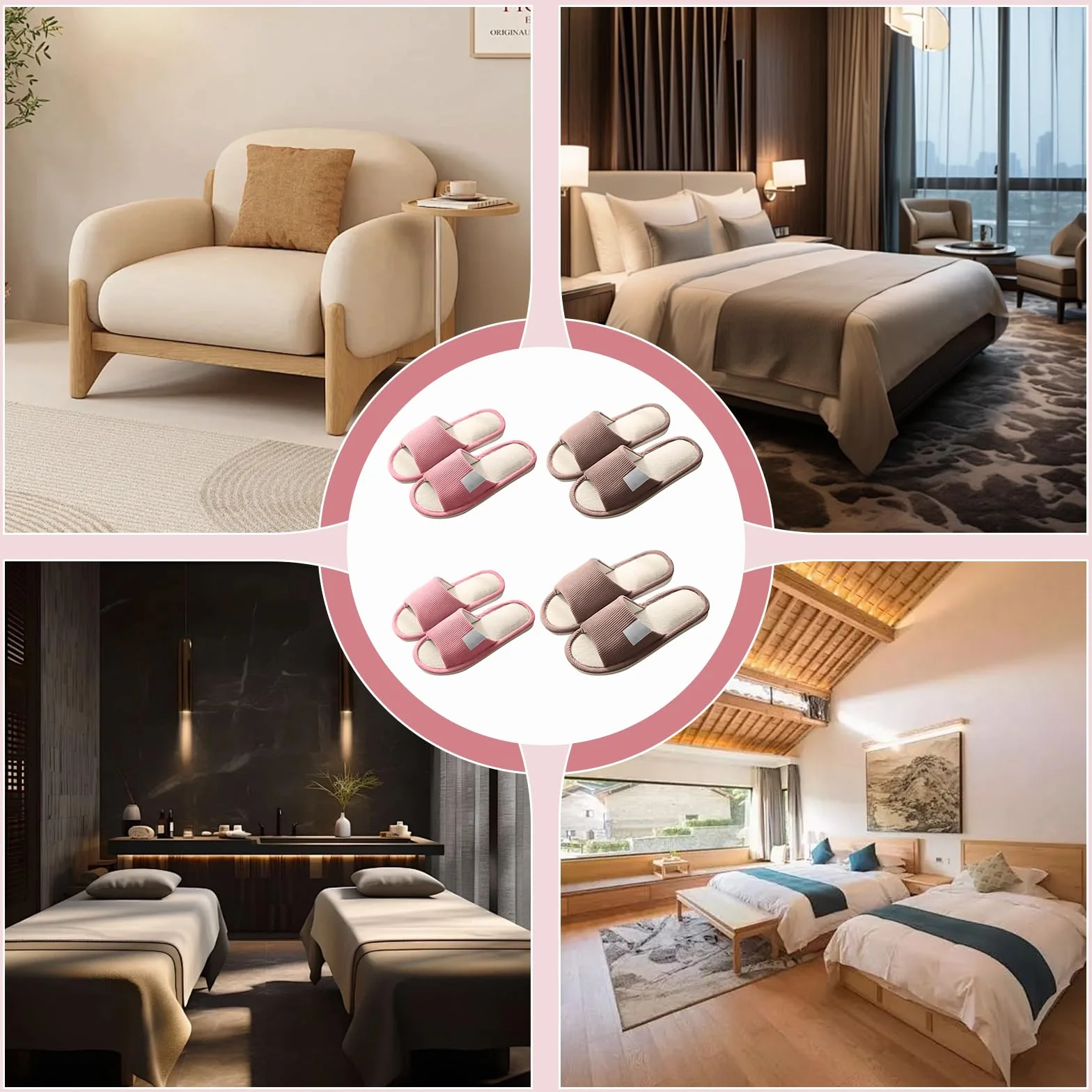 Set di 4 paia di pantofole unisex per hotel, pantofole per ospiti, pantofole in lino, pantofole con punta aperta, pantofole per ospiti, per uomo, donna, lavabili per spa, feste, hotel