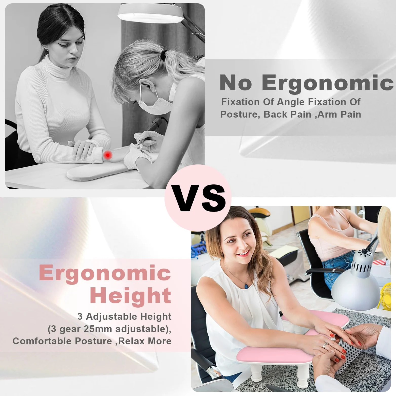 Bracciolo per Nail Tech, regolabile in altezza a forma di U per manicure, grande poggia mano in pelle PU in microfibra per nail tech, bracciolo professionale per salone di bellezza (bianco) (rosa)