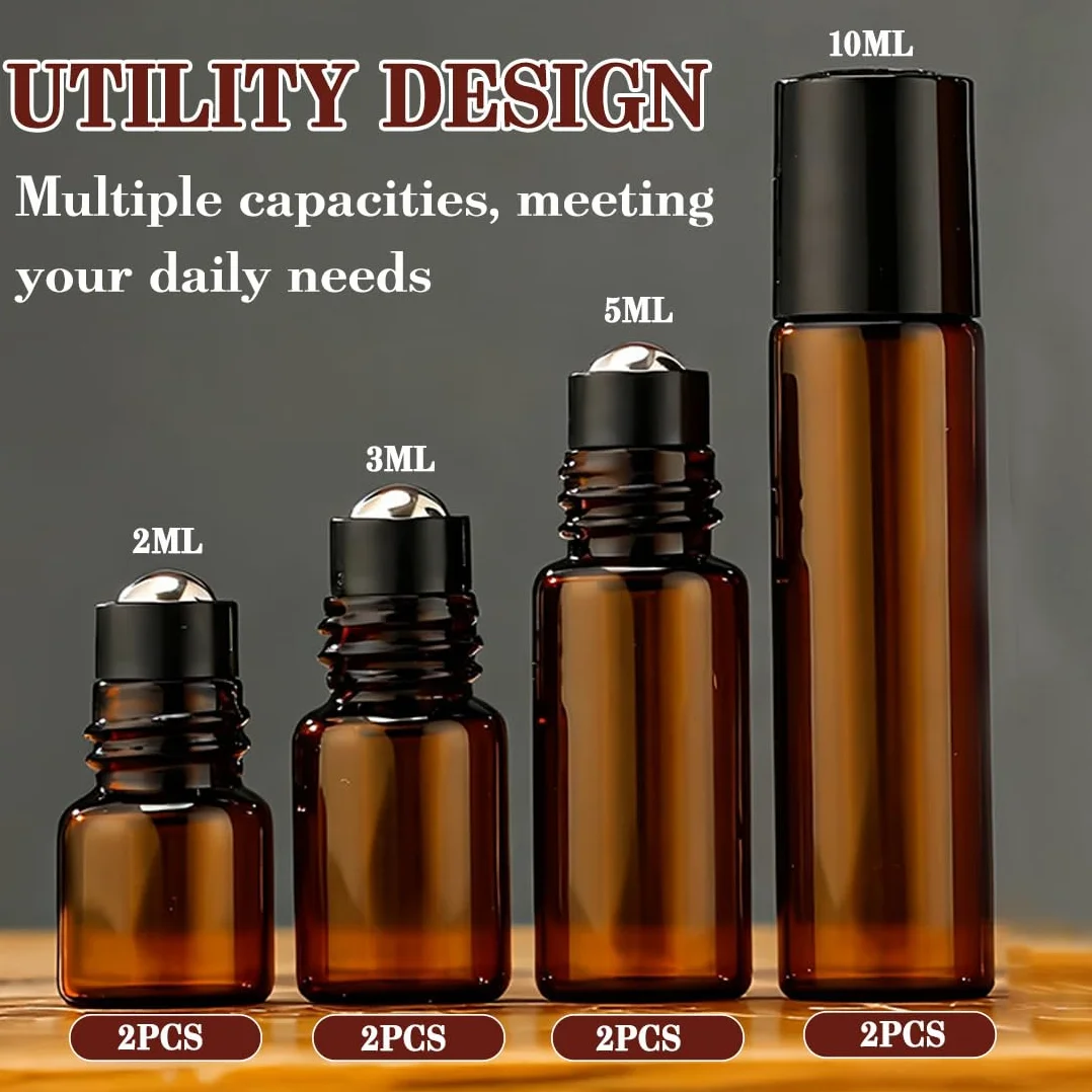 Roll on Vuoto per Oli Essenziali,8 Pezzi 2ml 3ml 5ml 10ml Marrone Bottiglie Vuote in Vetro con Sfera in Acciaio Inossidabile, Riutilizzabile, Boccette Vetro per Oli, Profumi, Cosmetici, Aromaterapia