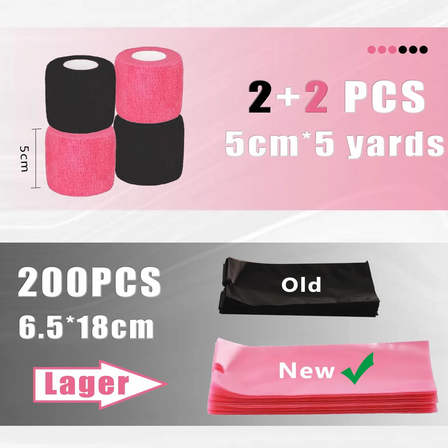 Coperture per Macchinette per Tatuaggi con Nastri di Presa - LEAYOKA 4 pezzi (5cmx4.5m) Tattoo Grip Tapes con 200 pezzi (6.5cmx18cm) Rosa Coperture Monouso per Macchine per Tatuaggi