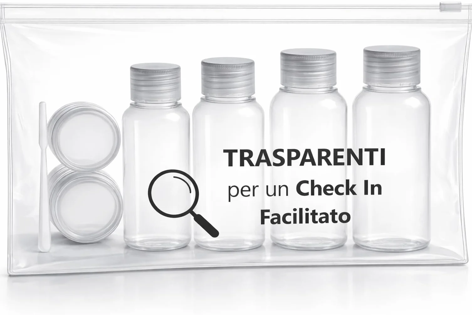 7 PZ Kit Viaggio Liquidi BENESSERE In Linea® - kit Liquidi Aereo - kit viaggio aereo - Travel kit 100 ml - Porta Liquidi da viaggio aereo - 2 flaconi 100 ml + 2 flaconi 50 ml + 2 Porta Crema / Lenti
