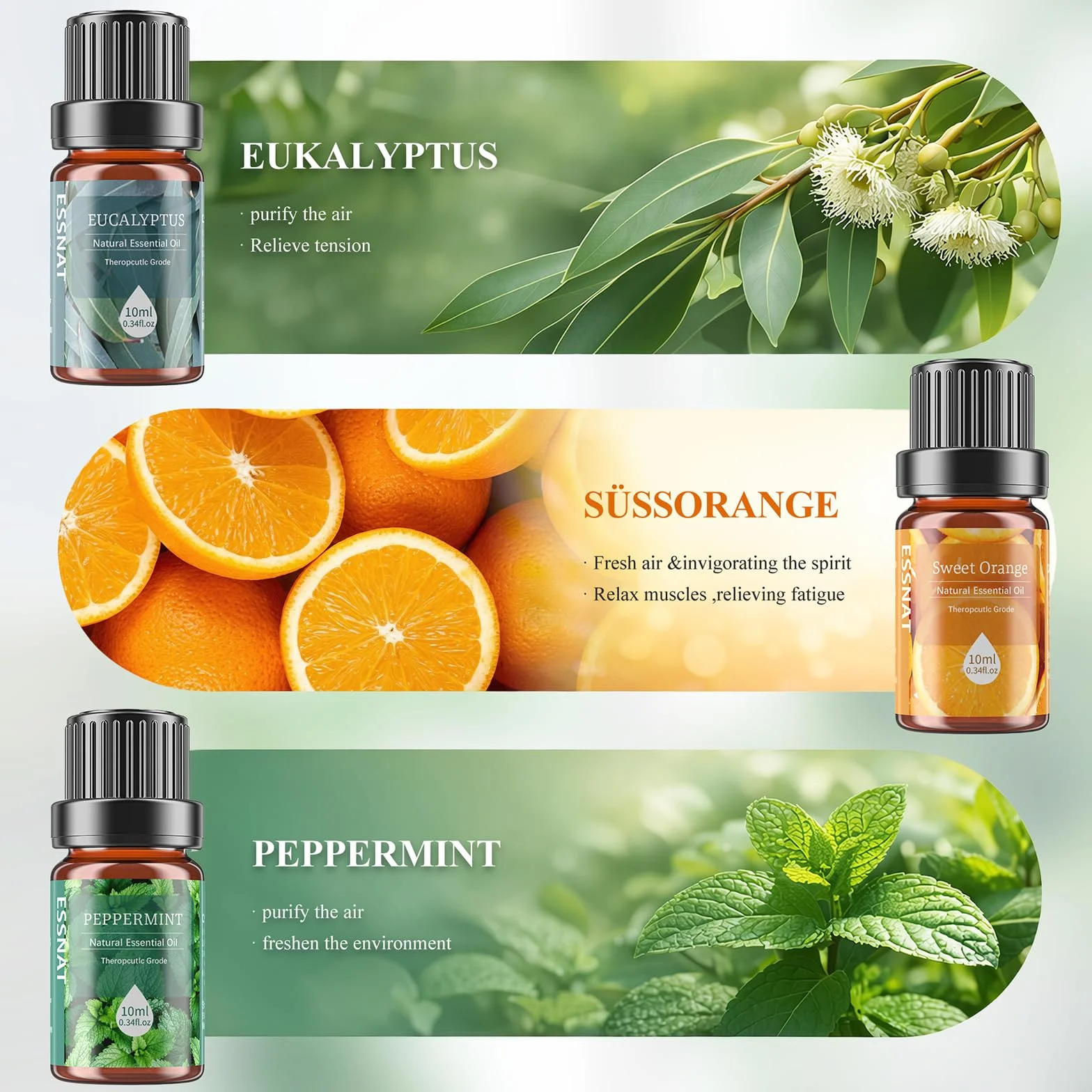 Oli Essenziali Set per Diffusore 6x10ML Aromaterapia Lavanda Menta Piperita Eucalipto Arancia Dolce Tea Tree Lemongrass