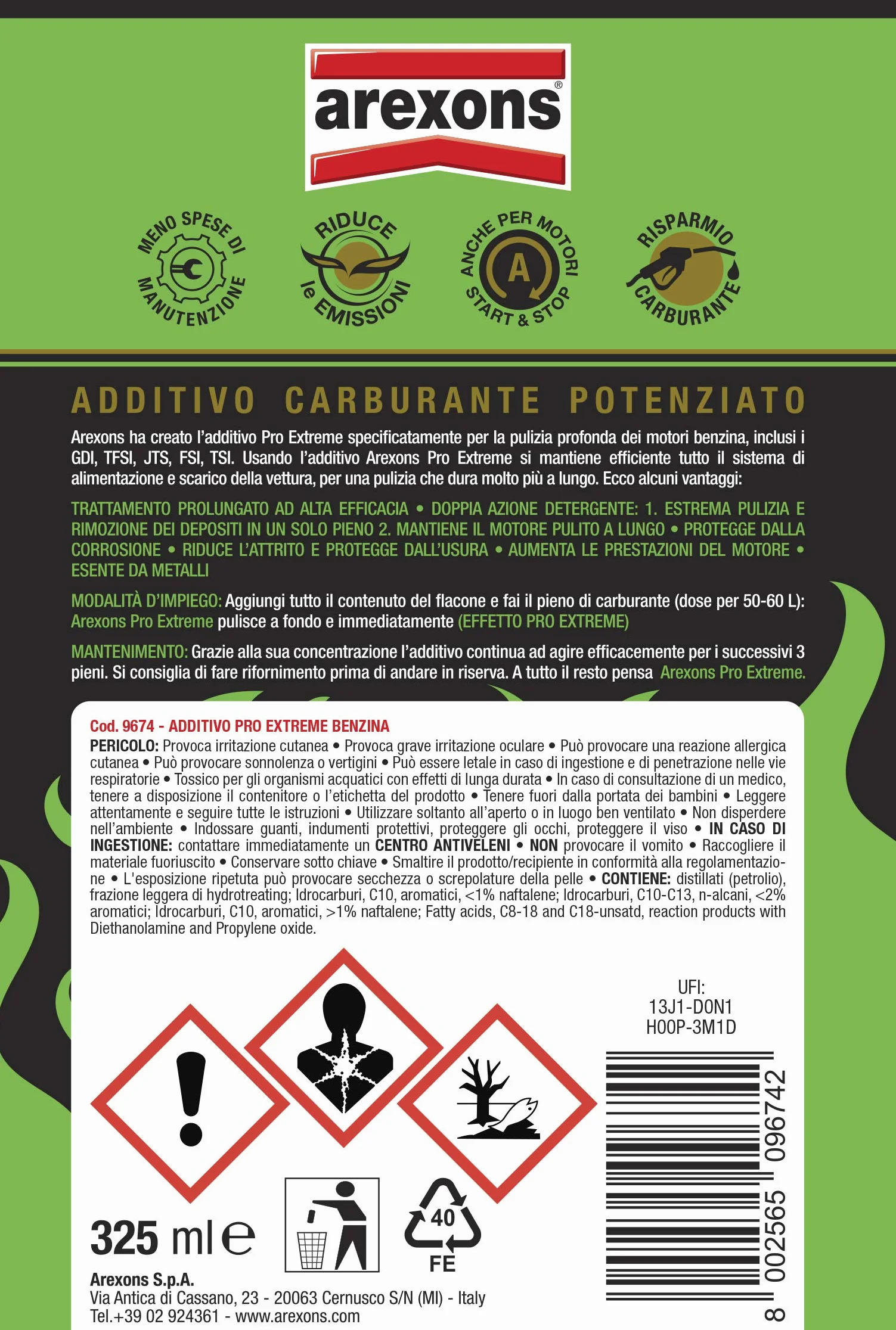 Arexons Additivo Pro Extreme Benzina 325 ml Pulizia Motore