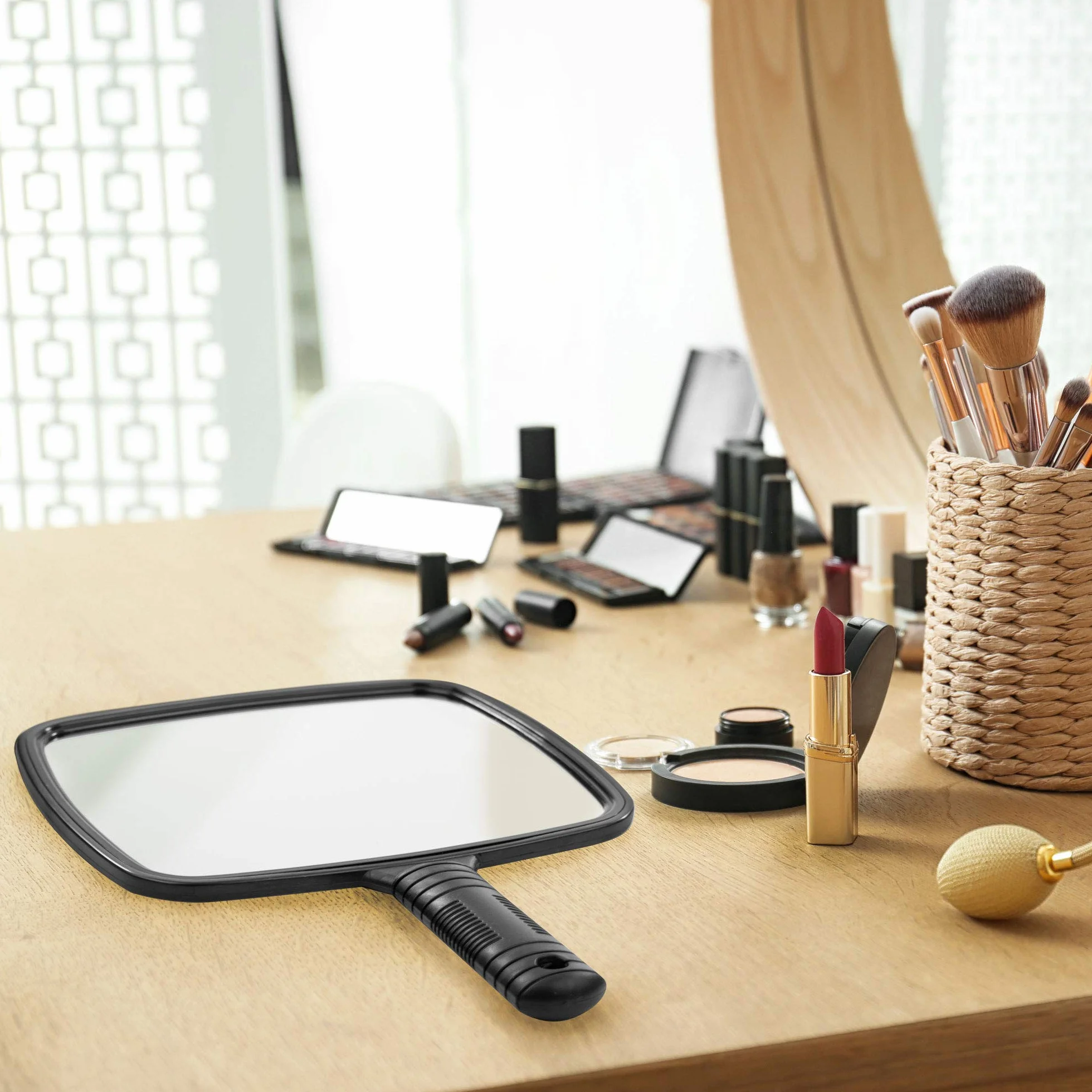 TRIXES Specchio Portatile Professionale per Salone Parrucchiere Barbiere con Manico - Specchio Trucco Portatile Grande e Comodo - Specchietto Dentista - Nero