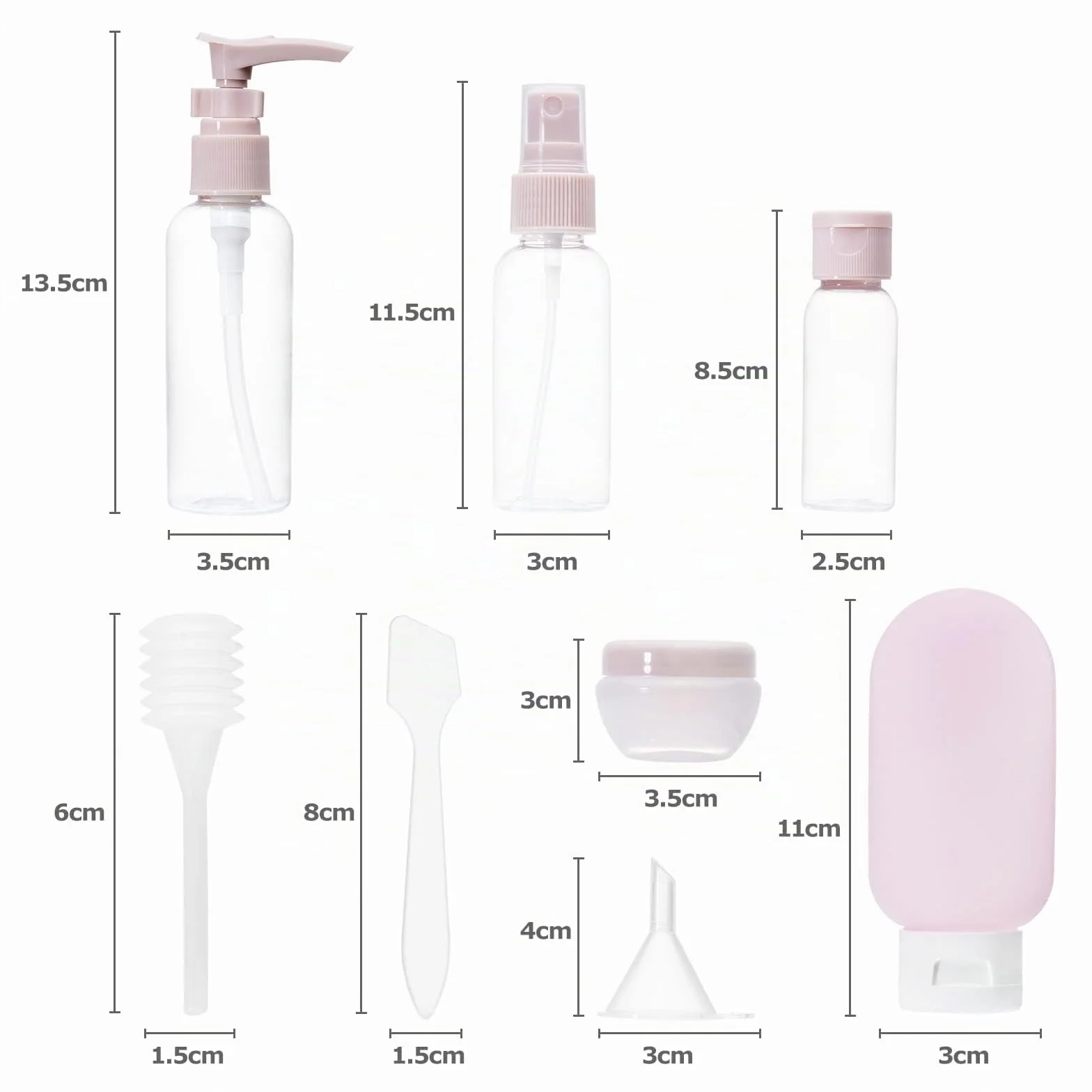 Carehabi Set di 11 kit viaggio liquidi 30/50/60/80 ml, flacone spray trasparente, erogatore pompa shampoo, accessori viaggio per prodotti bagno