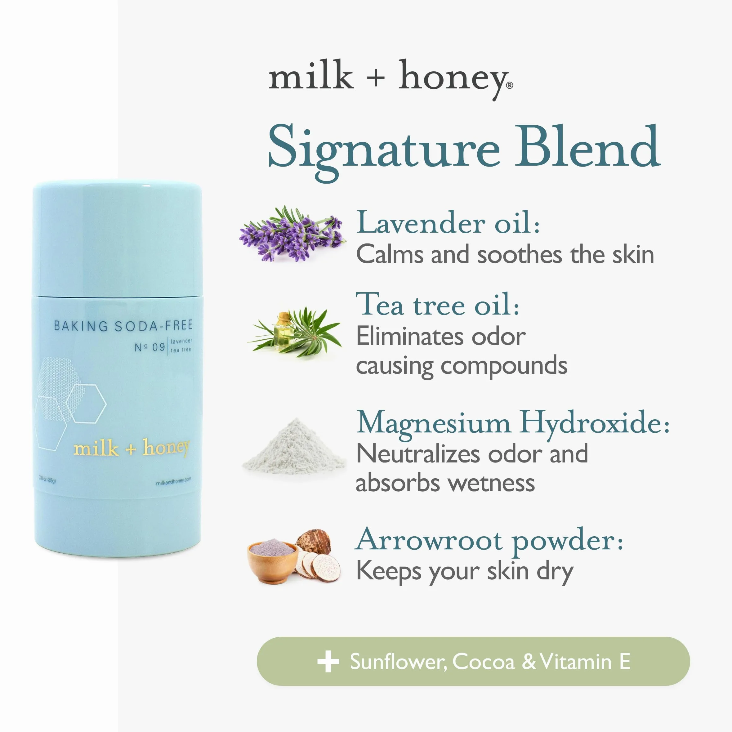 milk + honey Baking Soda Free, Deodorante senza alluminio, n. 09, con lavanda e oli per tè, deodorante naturale per donne e uomini, 3,0 Oz