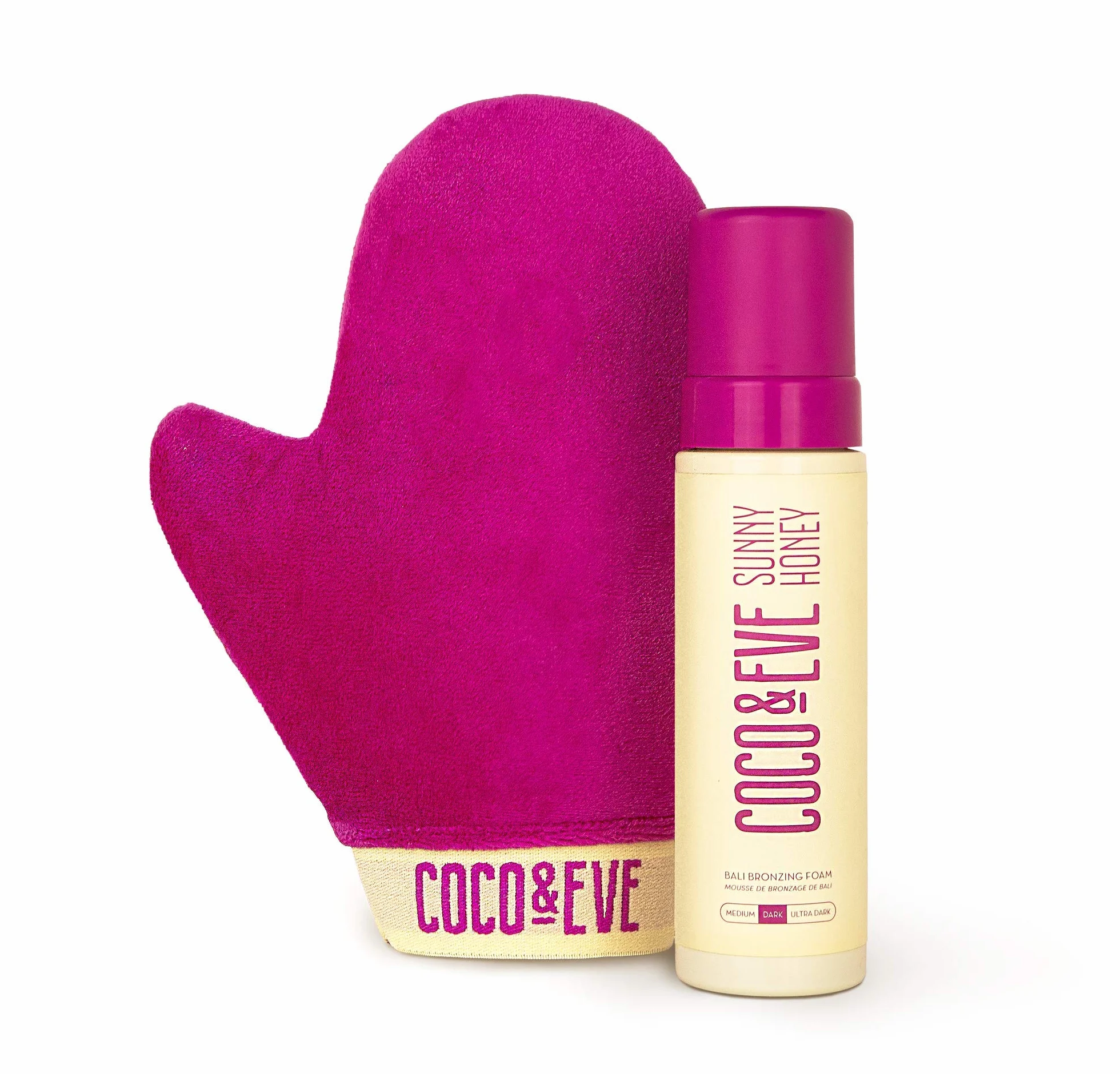 Coco & Eve Sunny Honey Mousse autoabbronzante naturale - (Medium) Set abbronzante Bali con guanto autoabbronzante | antietà, anti cellulite (212ml)