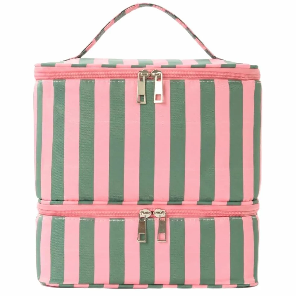 Borsa organizer per smalti, organizer a doppio strato con scomparti multipli, borsa per kit unghie di grande capacità, a strisce verdi e 1