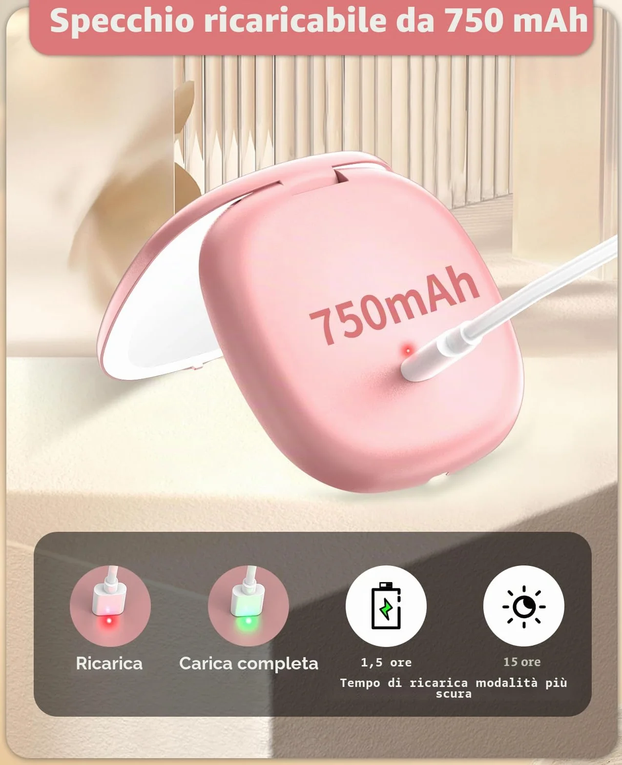 WOBSION Specchio Portatile con Luce LED per Trucco, USB Ricaricabile 10X/1X Ingranditore, Regolabile Luminosità, Oro Rosa