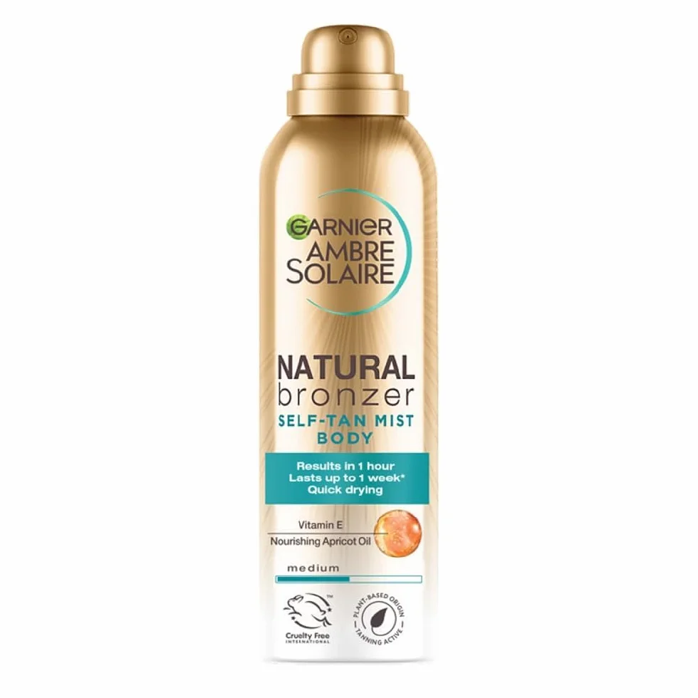 Garnier Ambre Solaire Spray Autoabbronzante Natural Bronzer, Risultato Visibile in 1 Ora, Arricchito con Olio d'Albicocca Nutriente, Formula Vegana, 150 ml