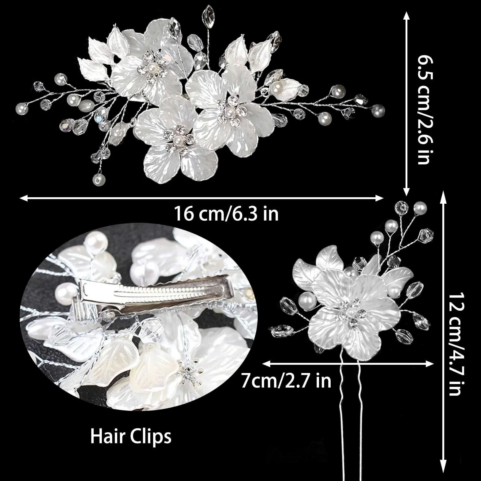 3 forcine per capelli da sposa con perle di cristallo, accessori per capelli da sposa, gioielli con strass, glitter in rilievo fiore bianco