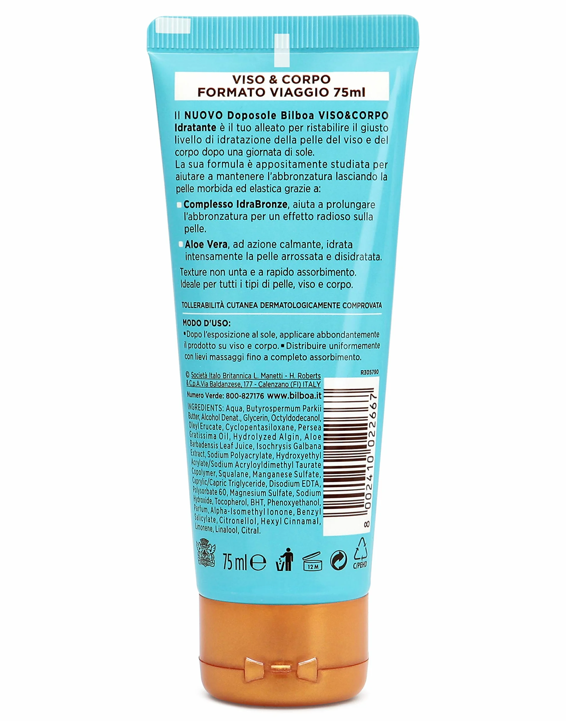 Bilboa, Viso&Corpo, Crema Doposole Viso e Corpo Idratante - Doposole Travel Size con Azione Idratante con IdraBronze e Aloe Vera - Dermatologicamente Testato - Formato da Viaggio da 75 ml
